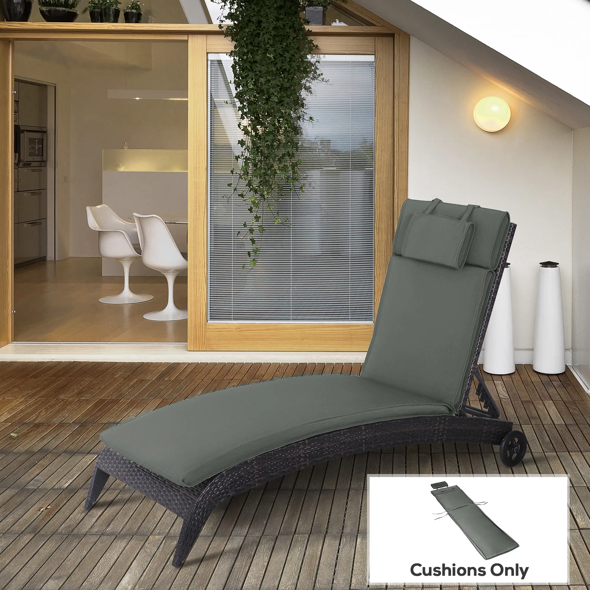 Garden Lounger Chair Cushion, Deep Seat Patio, Thick Padded, Headrest, Removable Cover, Grey - Image 2
