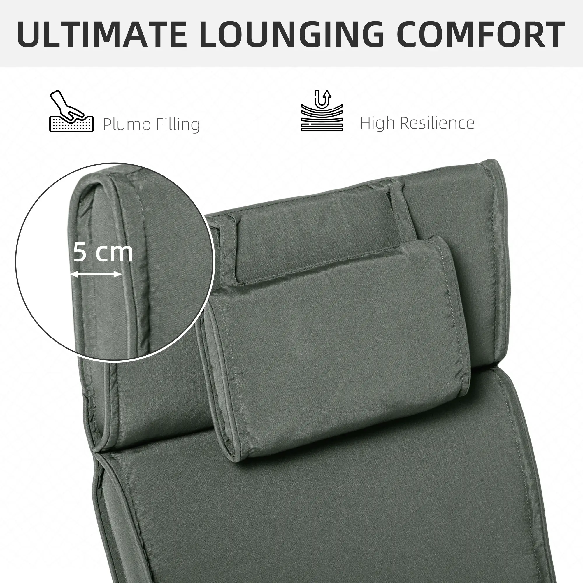 Garden Lounger Chair Cushion, Deep Seat Patio, Thick Padded, Headrest, Removable Cover, Grey - Image 4