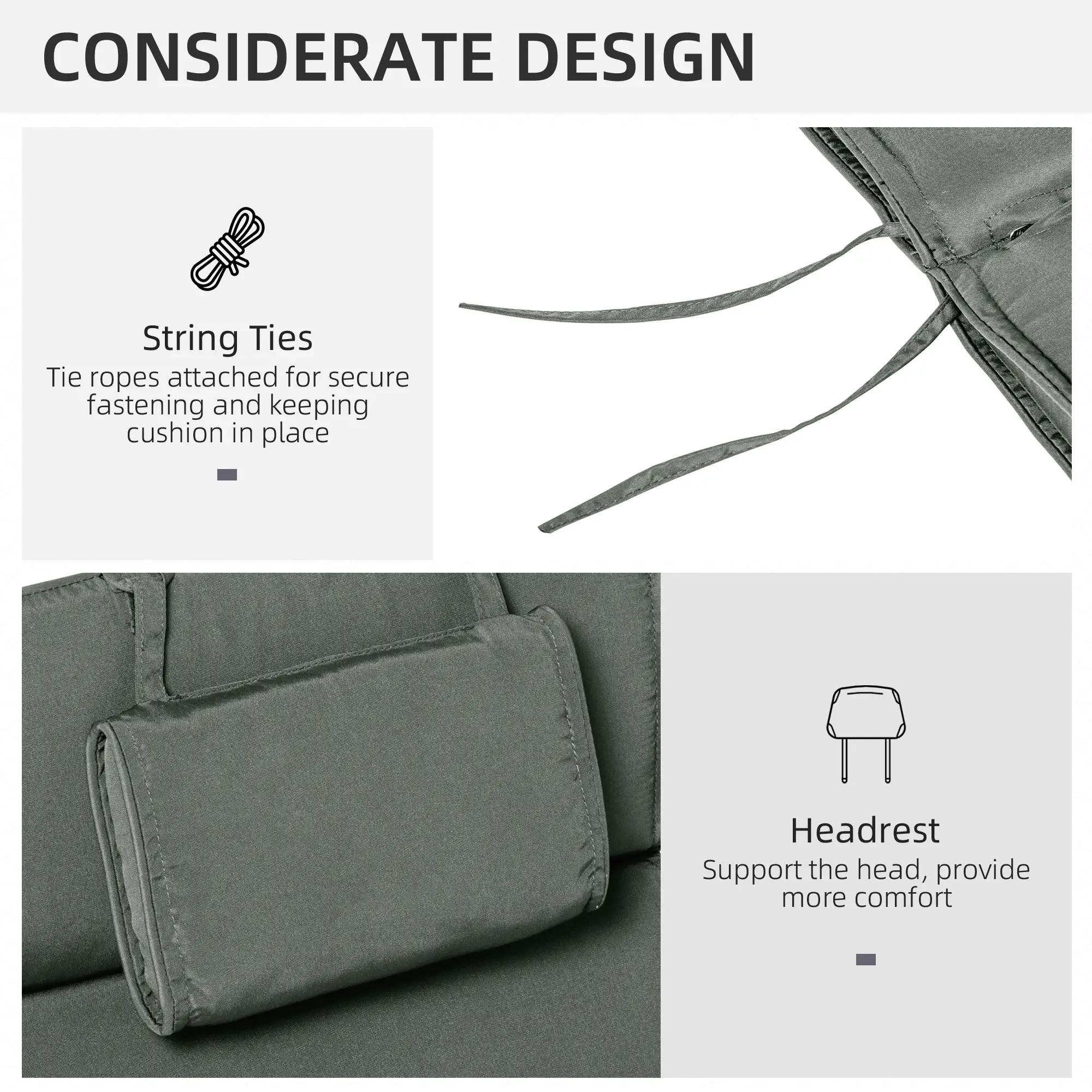 Garden Lounger Chair Cushion, Deep Seat Patio, Thick Padded, Headrest, Removable Cover, Grey - Image 5