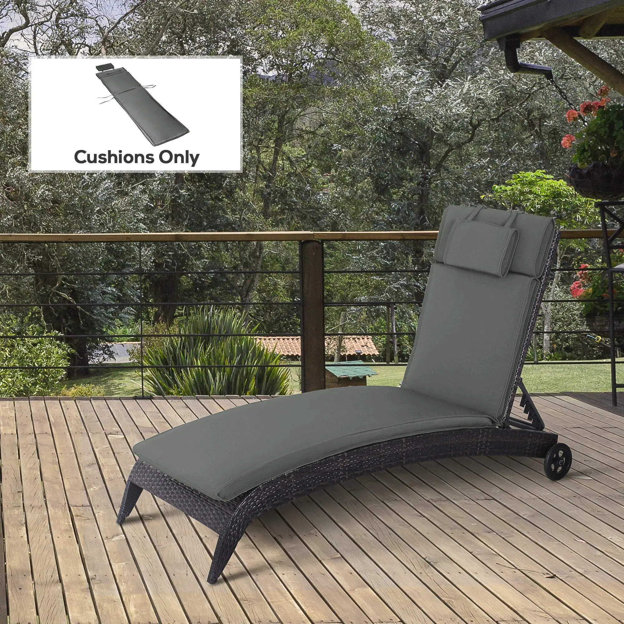 Garden Lounger Chair Cushion, Deep Seat Patio, Thick Padded, Headrest, Removable Cover, Grey - Image 8