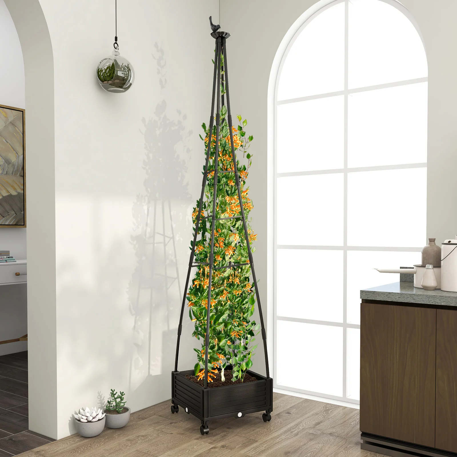 Garden Obelisk Trellis, Self-Drainage System, Climbing Plants, Black - Image 2
