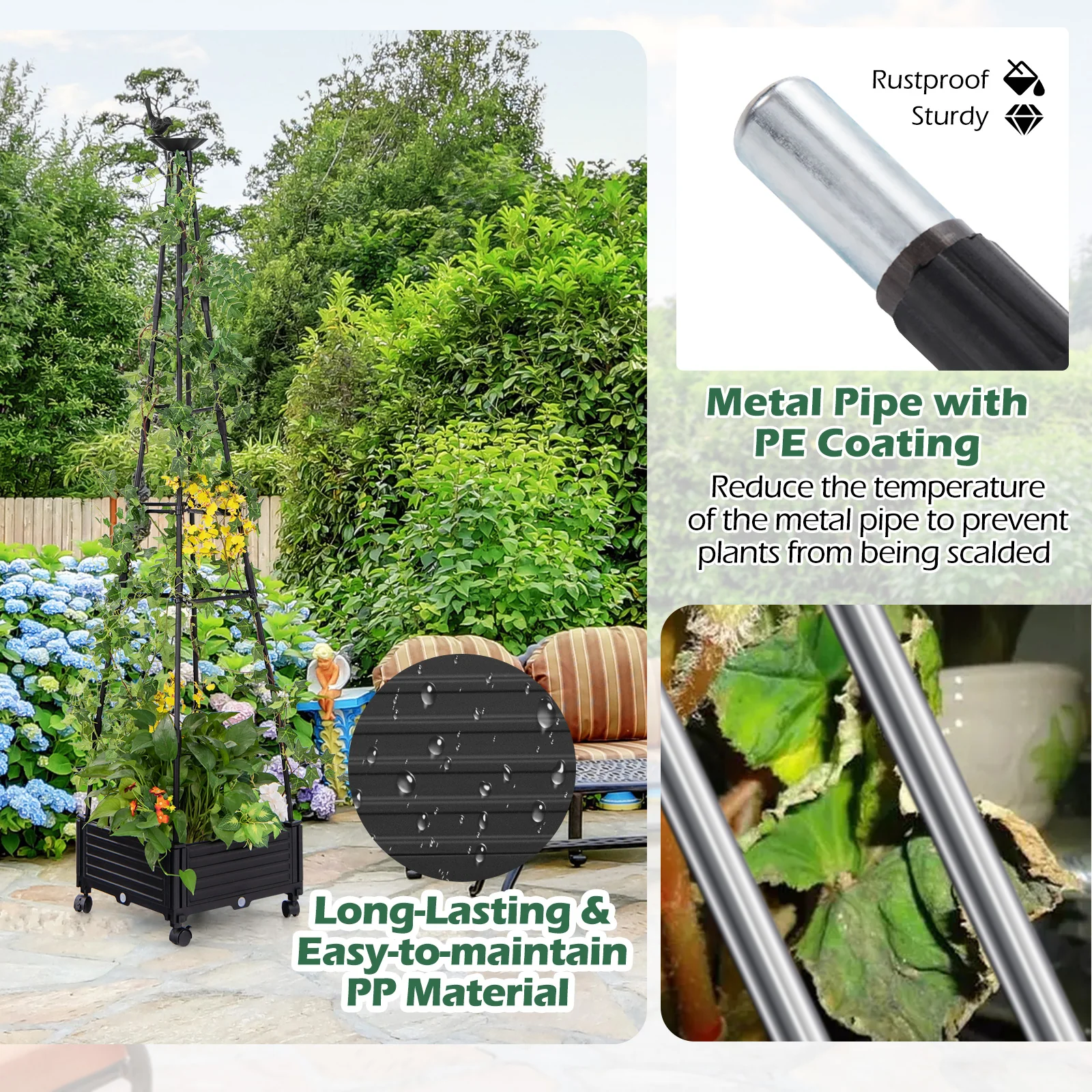 Garden Obelisk Trellis, Self-Drainage System, Climbing Plants, Black - Image 7