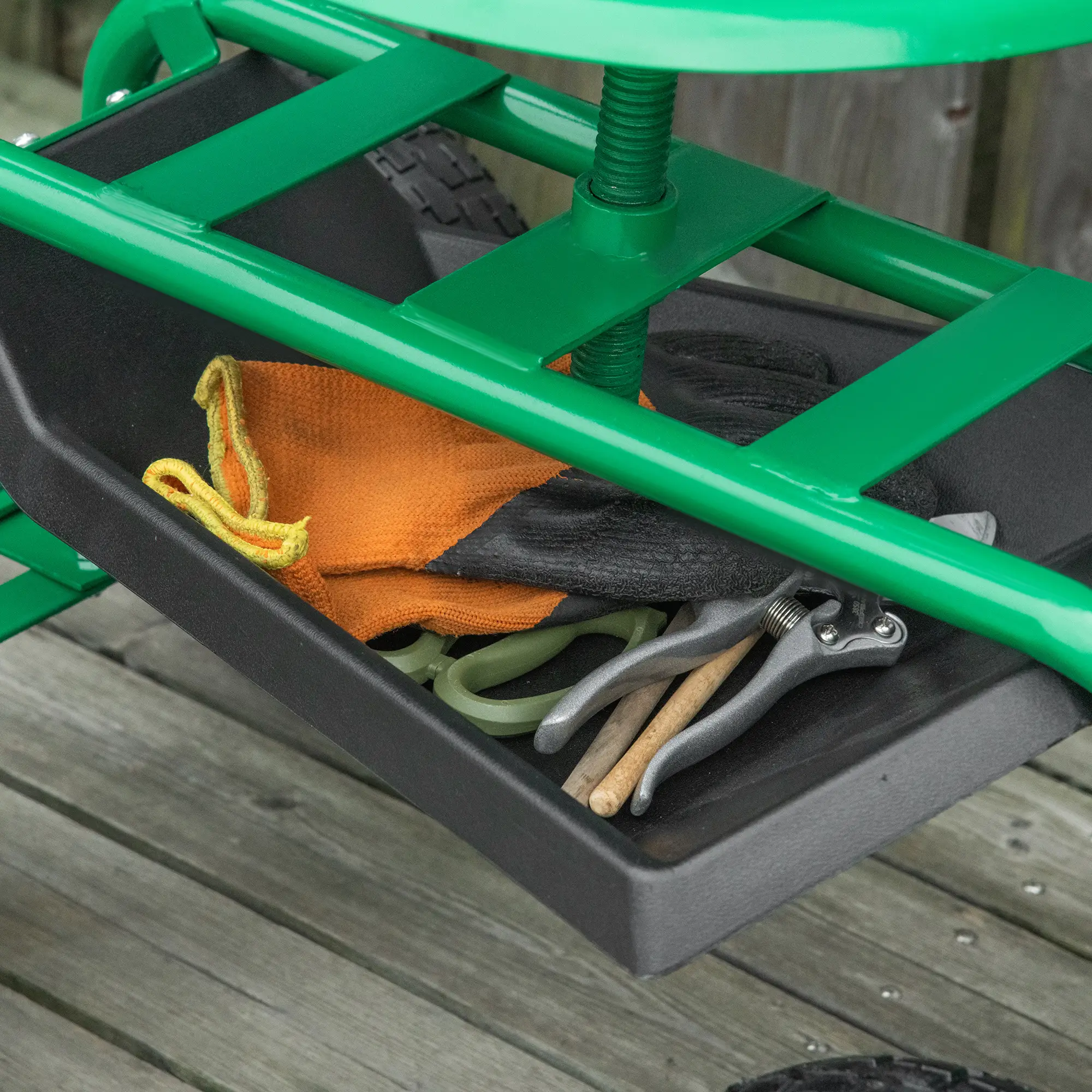 Garden Scooter, Rolling Cart, Adjustable Seat, Tool Tray, Bucket Basket, Green, Black - Image 10