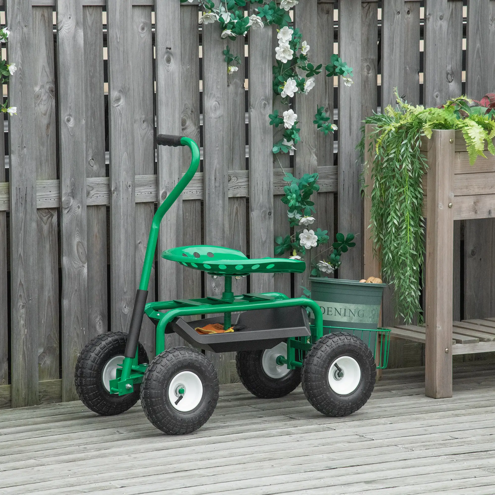 Garden Scooter, Rolling Cart, Adjustable Seat, Tool Tray, Bucket Basket, Green, Black - Image 2