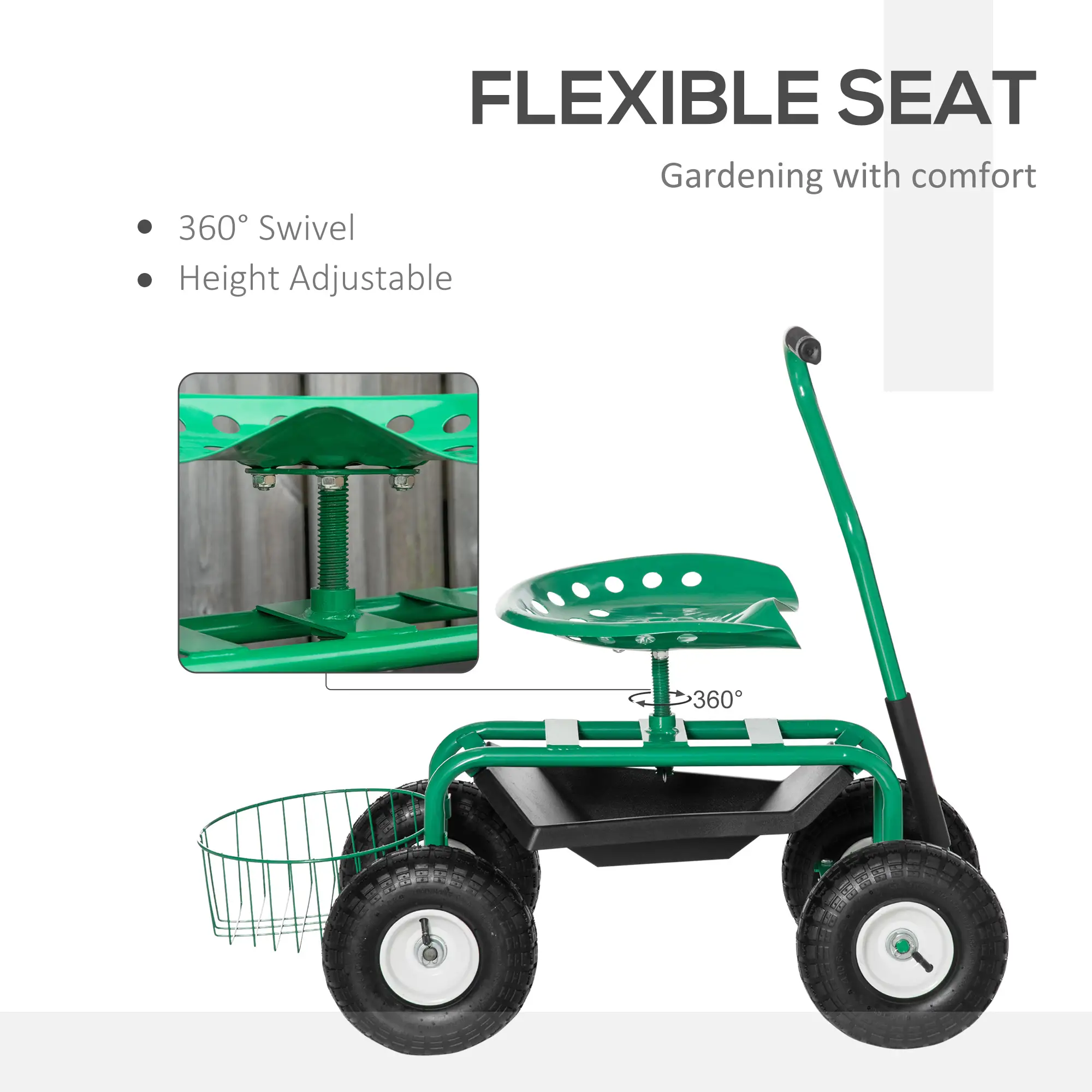 Garden Scooter, Rolling Cart, Adjustable Seat, Tool Tray, Bucket Basket, Green, Black - Image 4
