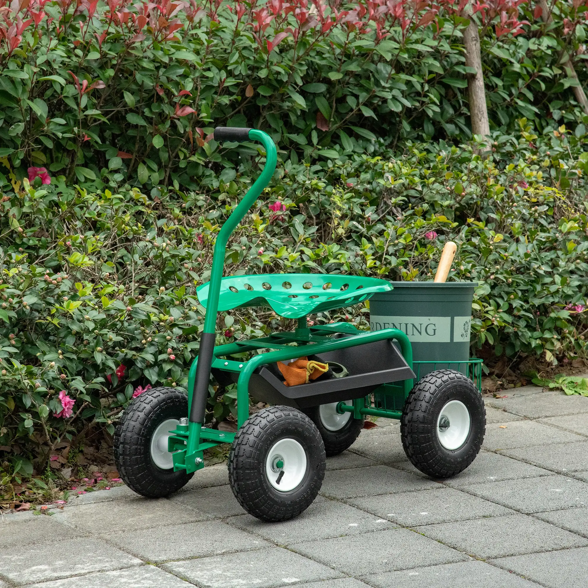 Garden Scooter, Rolling Cart, Adjustable Seat, Tool Tray, Bucket Basket, Green, Black - Image 7