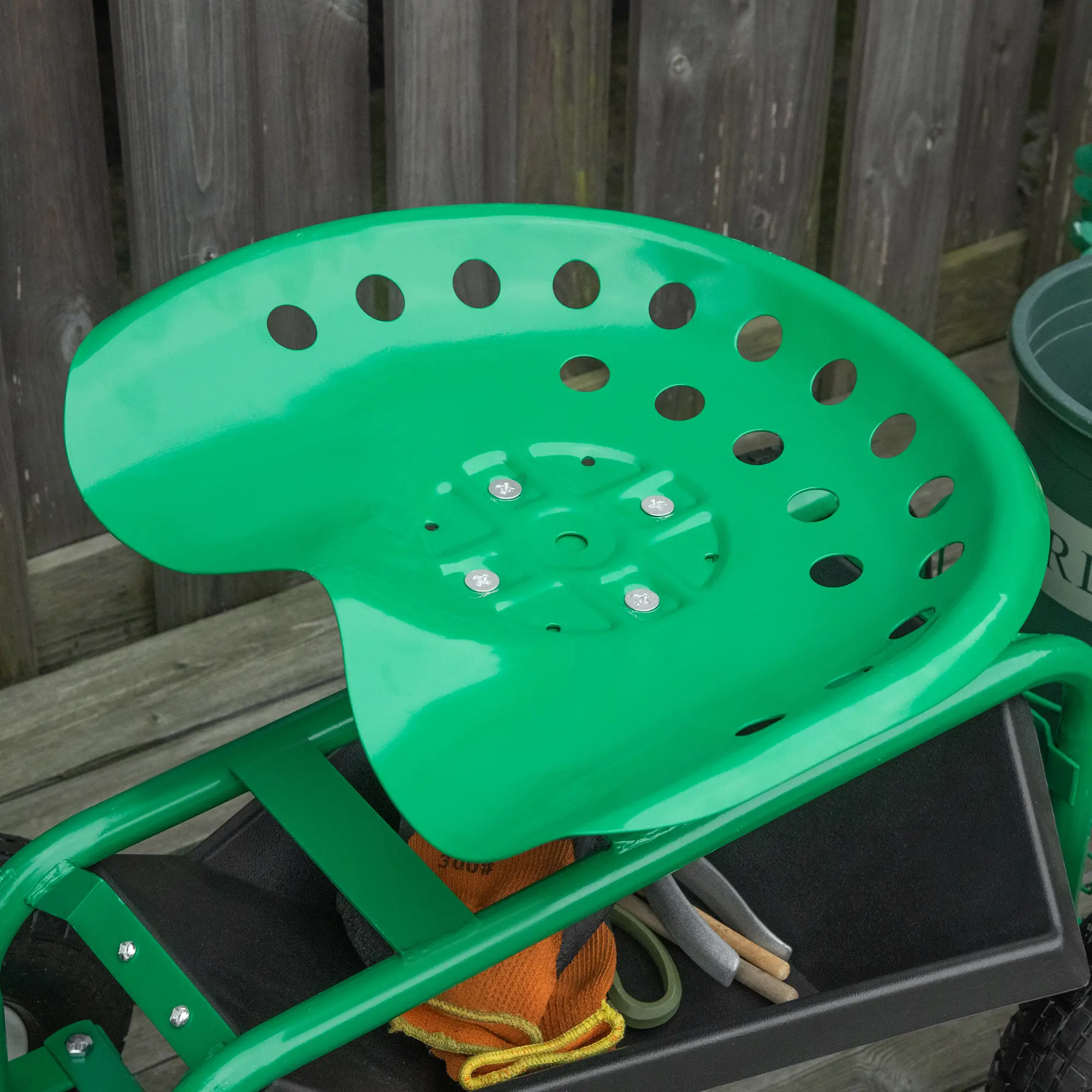Garden Scooter, Rolling Cart, Adjustable Seat, Tool Tray, Bucket Basket, Green, Black - Image 9
