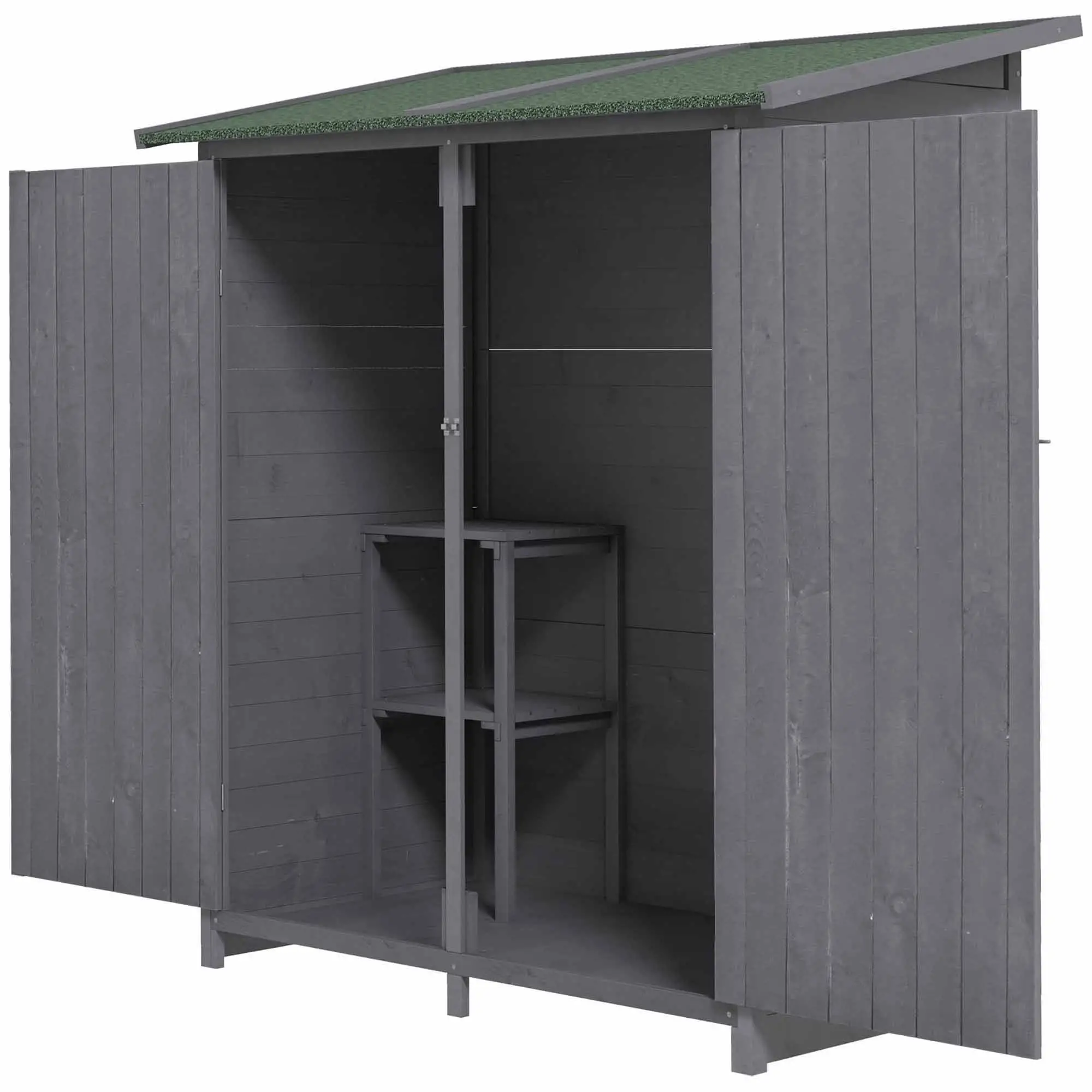 Garden Storage Shed, Asphalt Roof, Wooden, Double Door, Green and Grey
