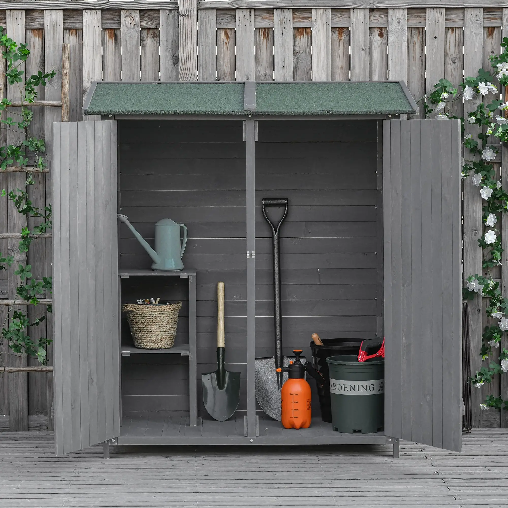 Garden Storage Shed, Asphalt Roof, Wooden, Double Door, Green and Grey - Image 2