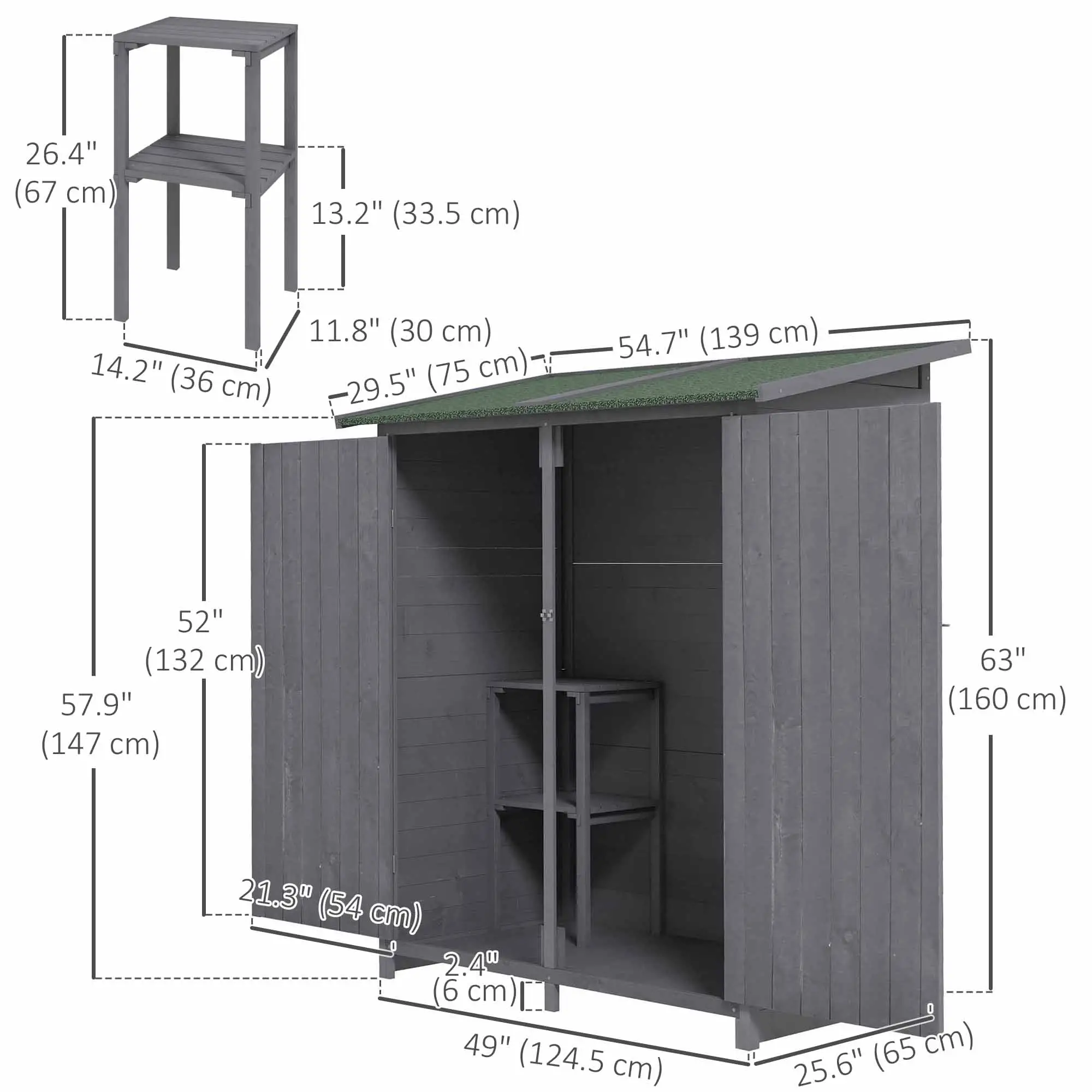 Garden Storage Shed, Asphalt Roof, Wooden, Double Door, Green and Grey - Image 3