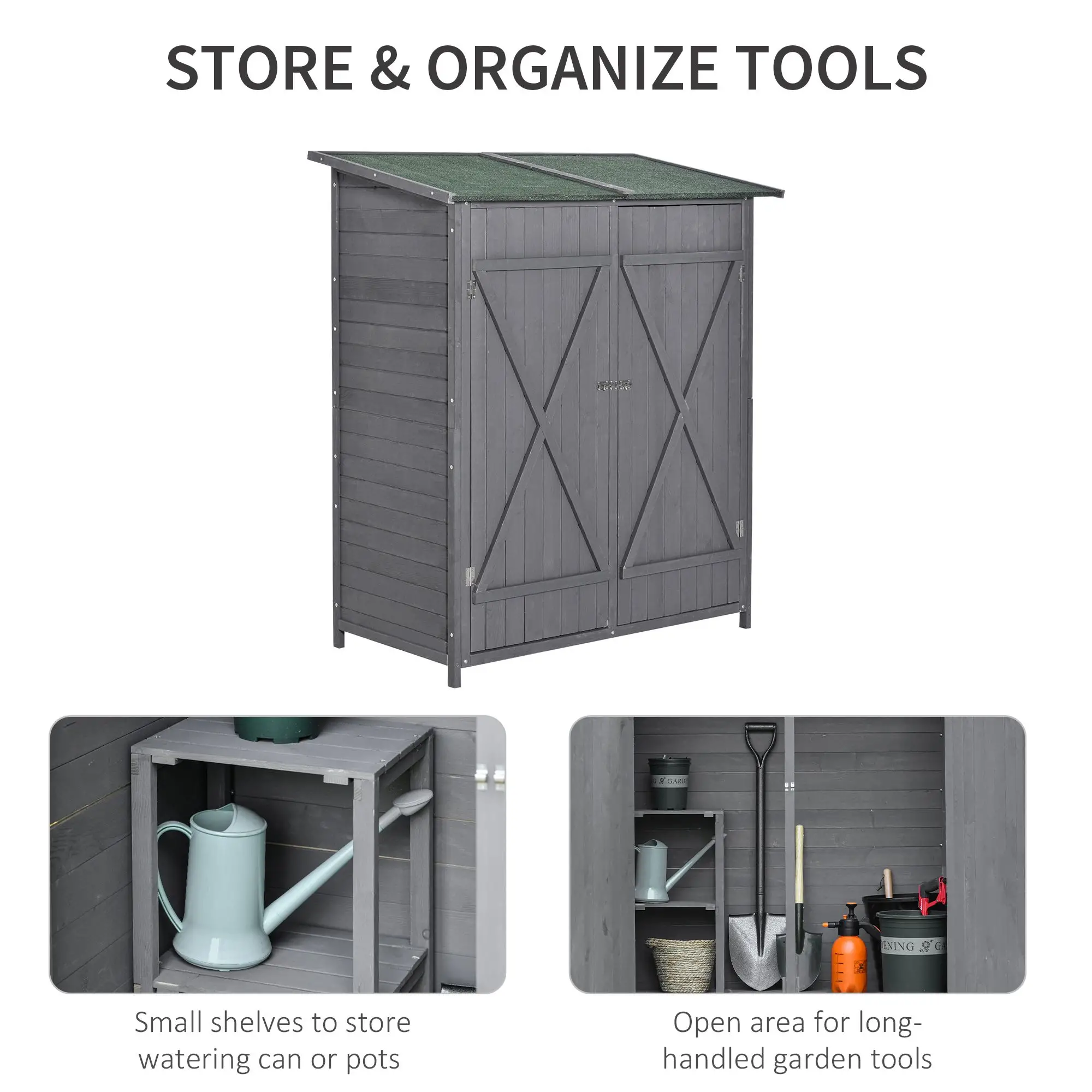 Garden Storage Shed, Asphalt Roof, Wooden, Double Door, Green and Grey - Image 6