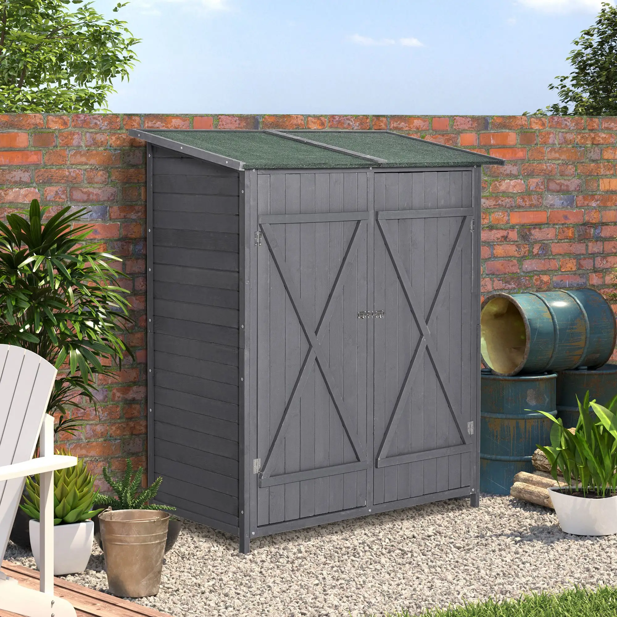 Garden Storage Shed, Asphalt Roof, Wooden, Double Door, Green and Grey - Image 7