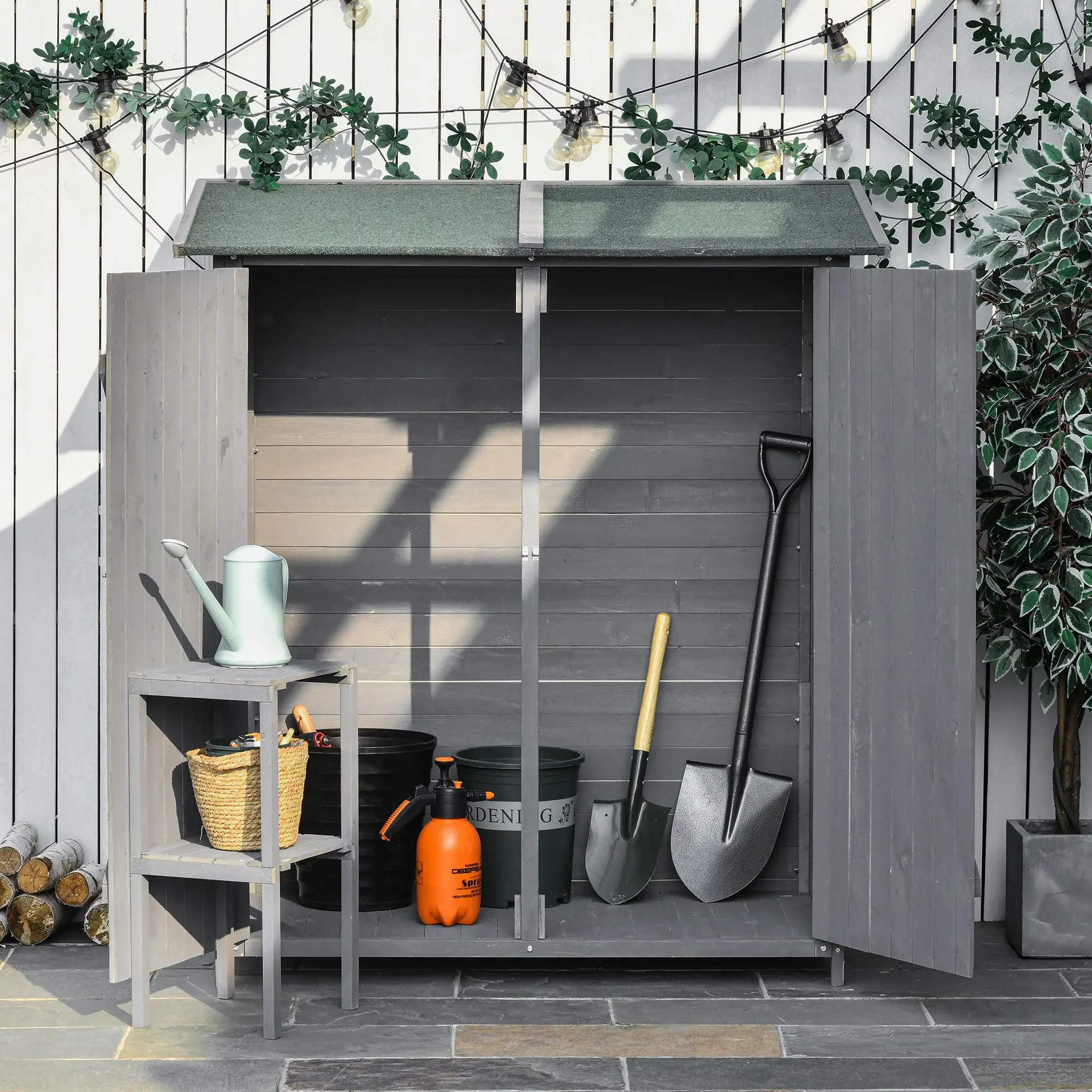 Garden Storage Shed, Asphalt Roof, Wooden, Double Door, Green and Grey - Image 8