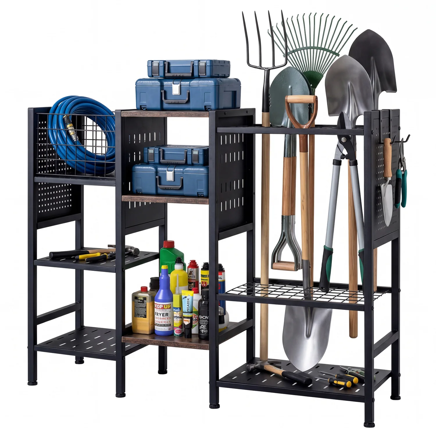 Garden Tool Organizer With Wooden Shelves, Black