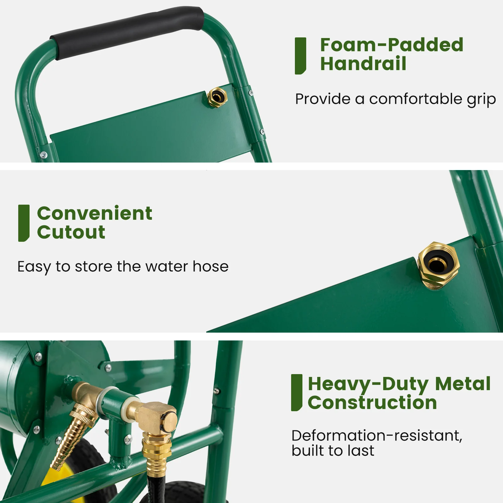 Garden Water Hose Reel Cart, 4 Wheels, Non-Slip Grip, Green - Image 10