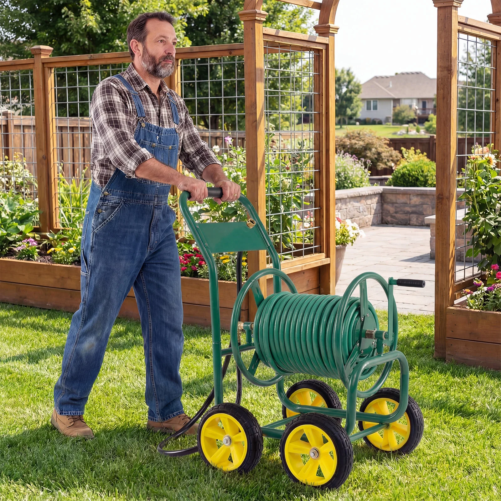 Garden Water Hose Reel Cart, 4 Wheels, Non-Slip Grip, Green - Image 3