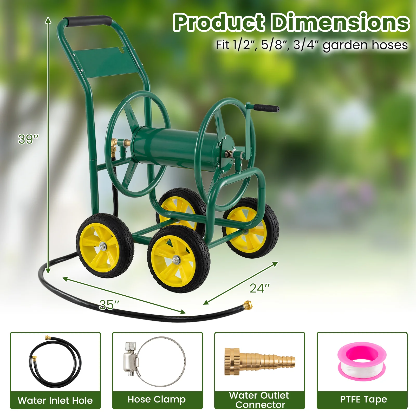 Garden Water Hose Reel Cart, 4 Wheels, Non-Slip Grip, Green - Image 5