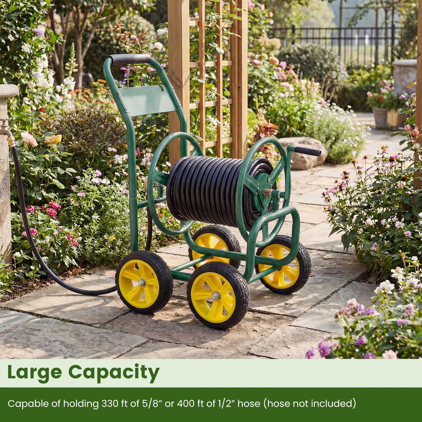 Garden Water Hose Reel Cart, 4 Wheels, Non-Slip Grip, Green - Image 6