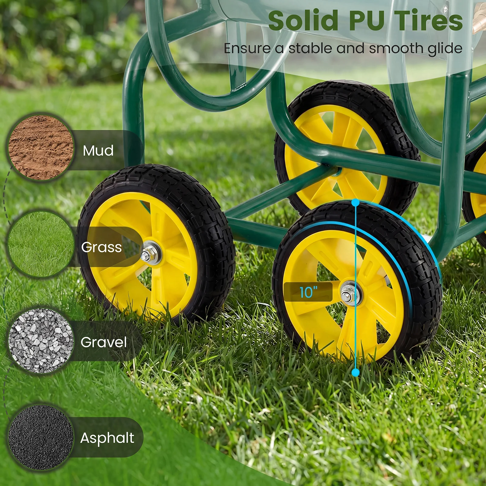 Garden Water Hose Reel Cart, 4 Wheels, Non-Slip Grip, Green - Image 7