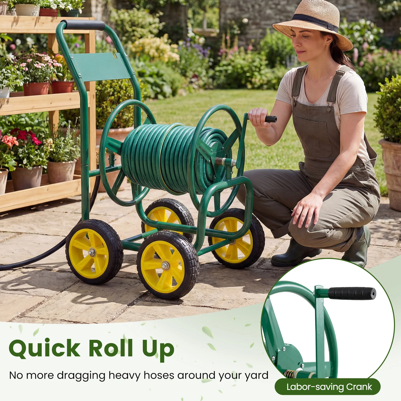 Garden Water Hose Reel Cart, 4 Wheels, Non-Slip Grip, Green - Image 8