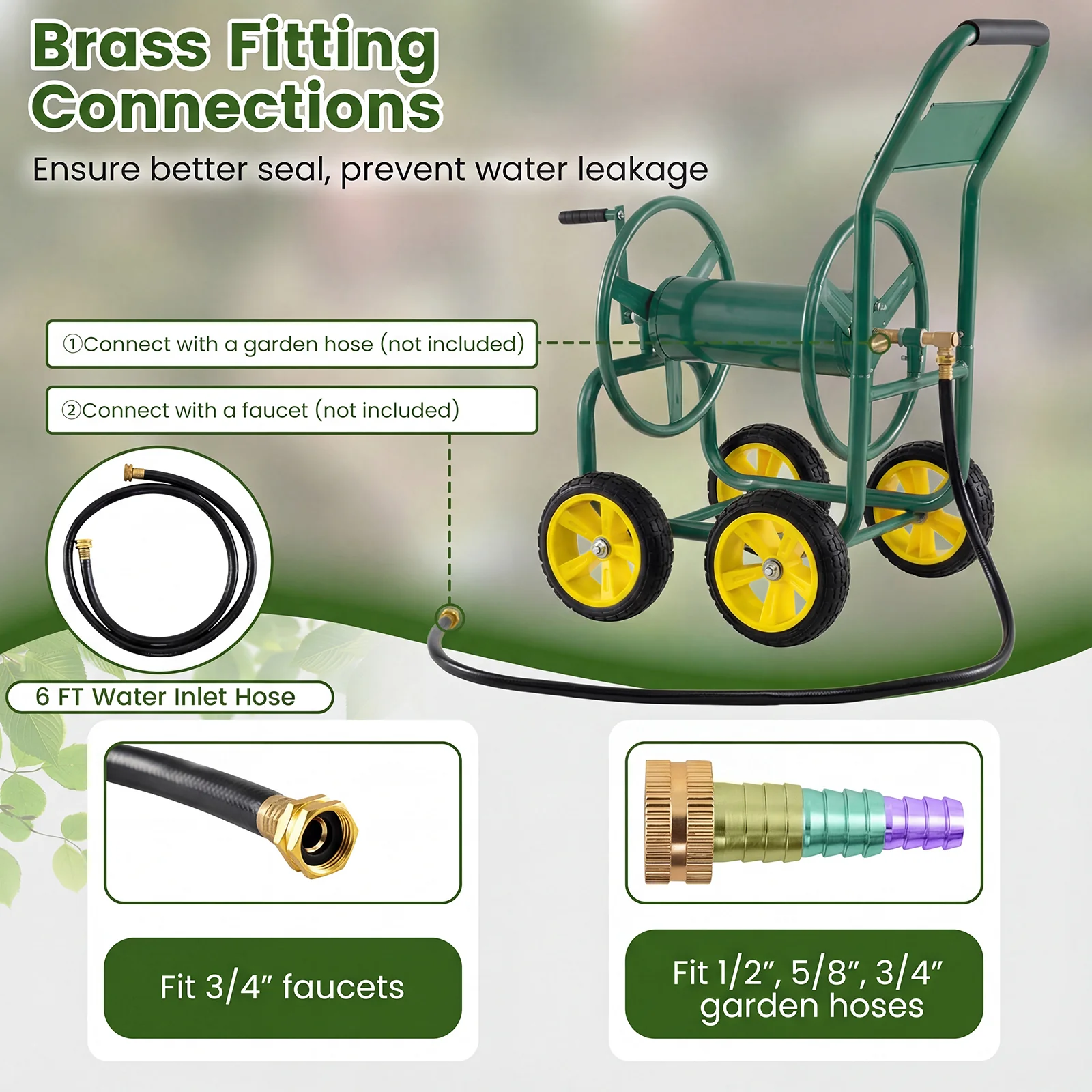 Garden Water Hose Reel Cart, 4 Wheels, Non-Slip Grip, Green - Image 9