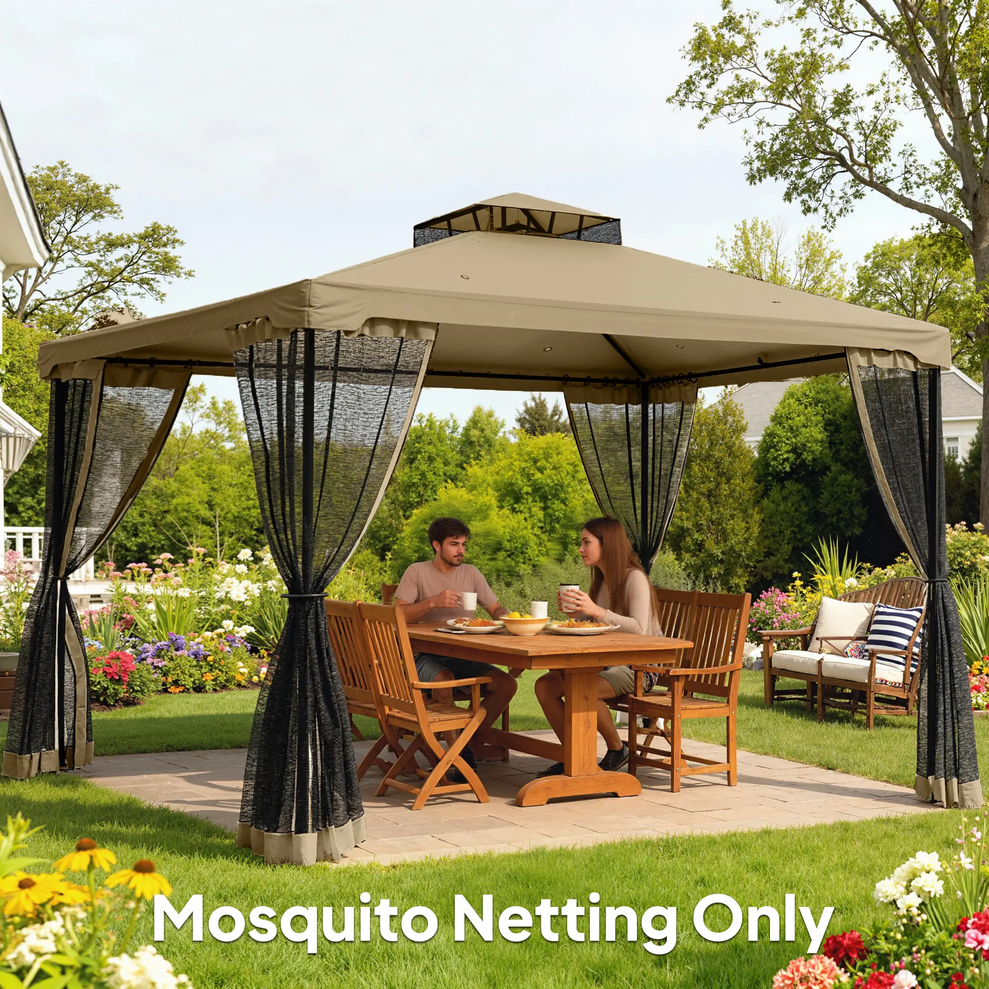 Gazebo Mosquito Netting, 12' x 12', Zipper Screen Walls, Black, Khaki - Image 8