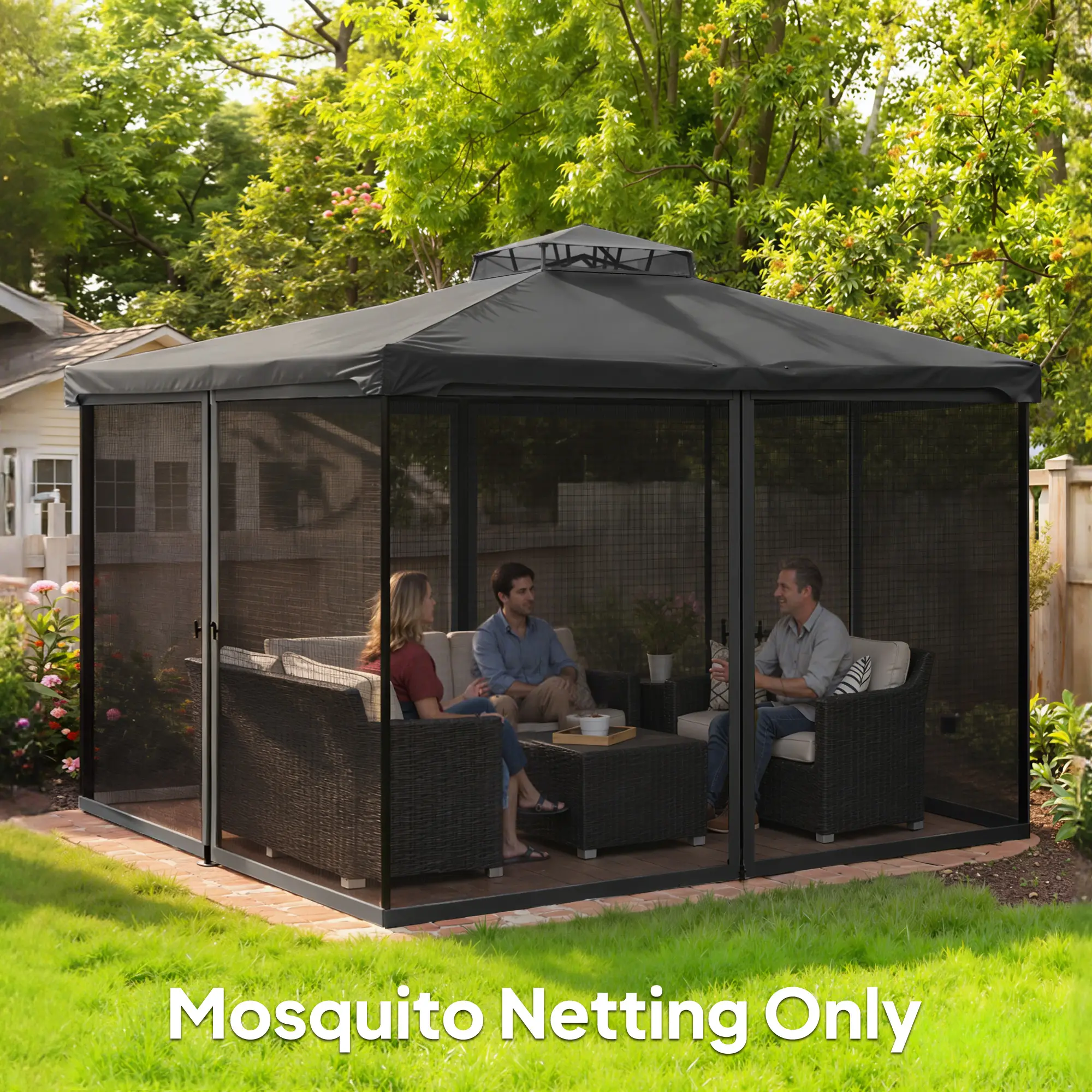 Gazebo Mosquito Netting, 12' x 12', Screen Walls With Zippers, Black - Image 2
