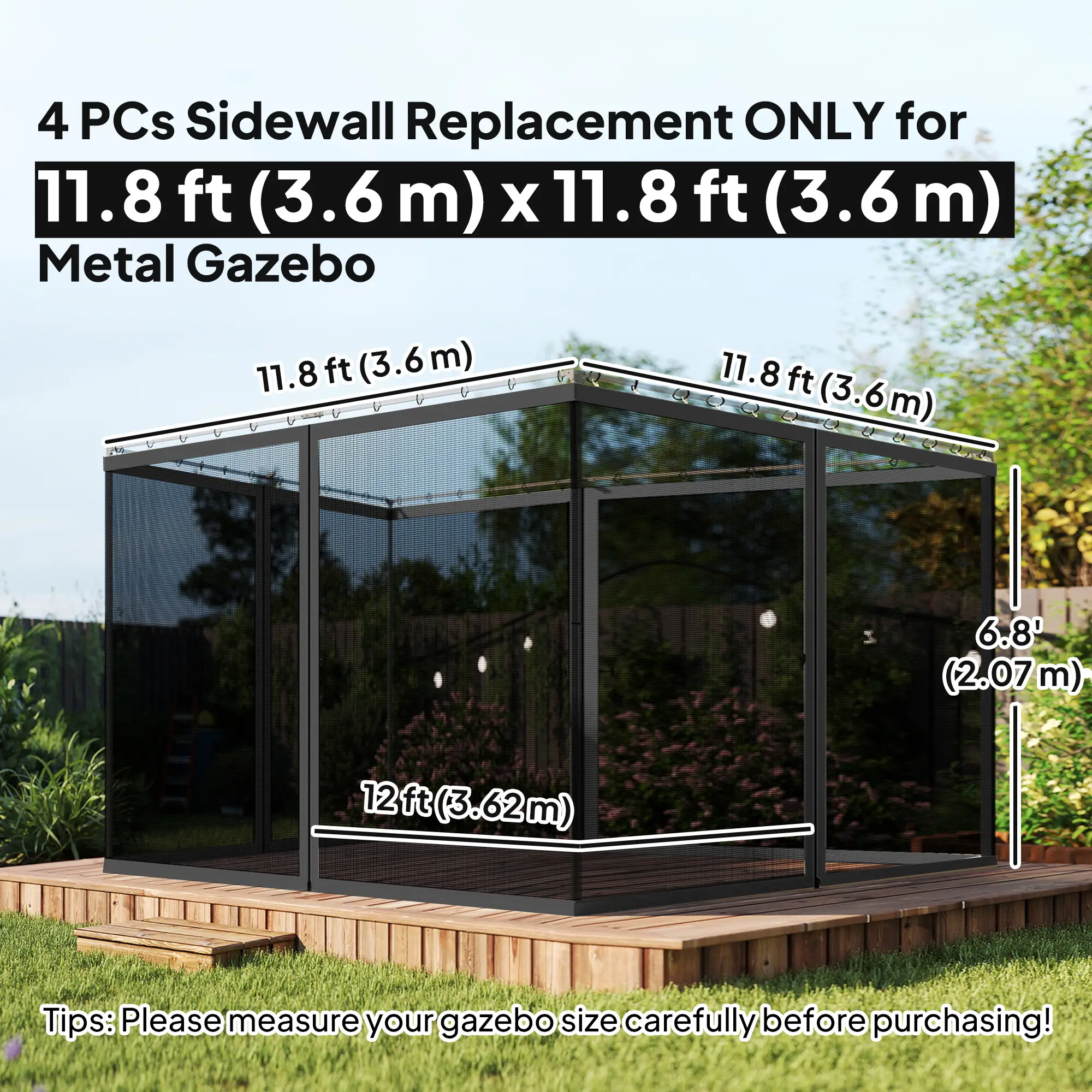 Gazebo Mosquito Netting, 12' x 12', Screen Walls With Zippers, Black - Image 3