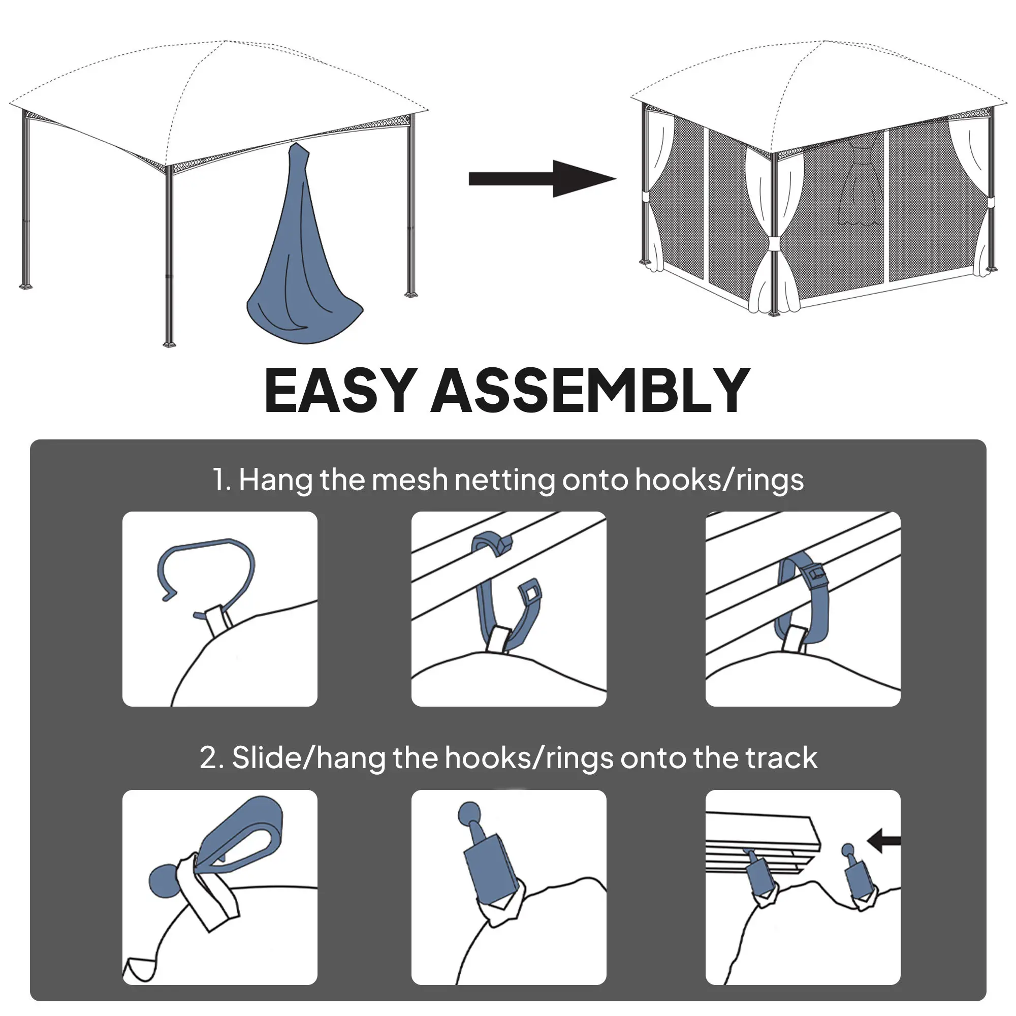 Gazebo Mosquito Netting, 12' x 12', Screen Walls With Zippers, Black - Image 4