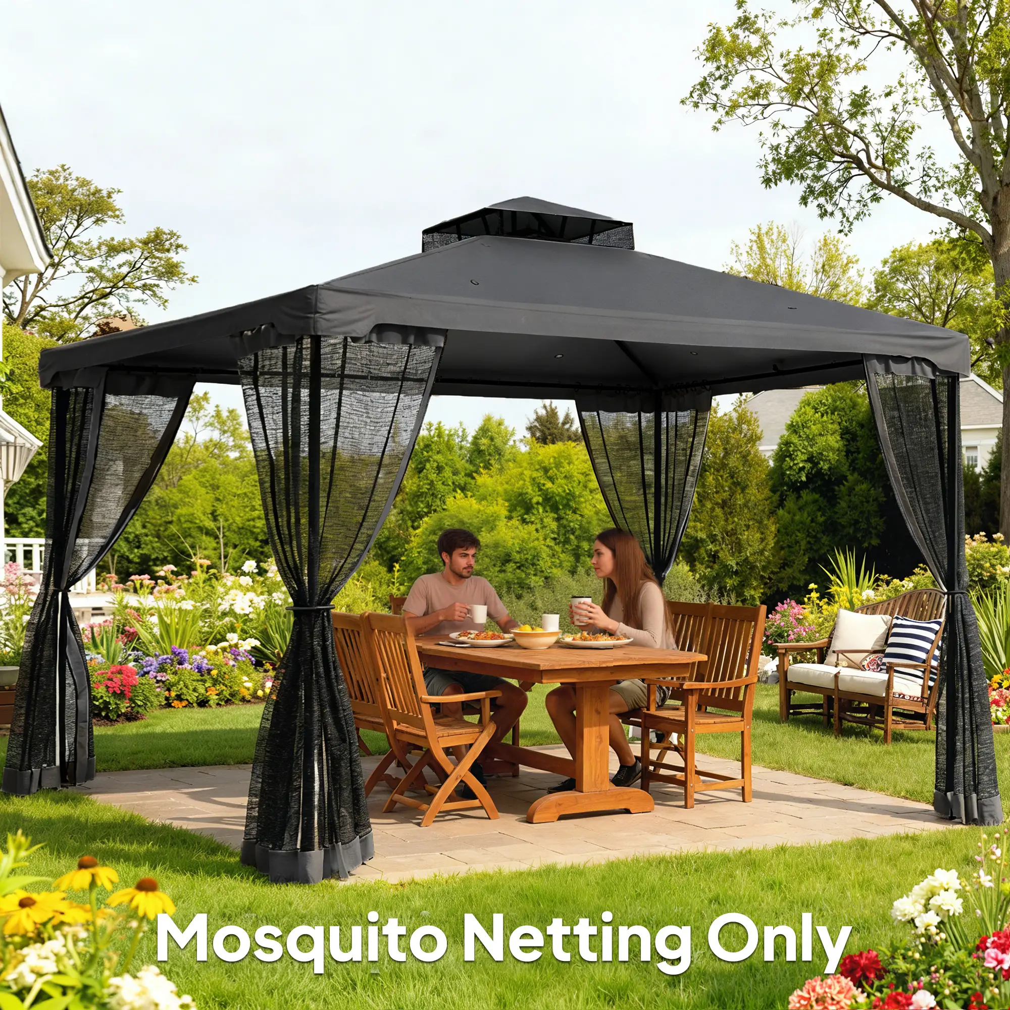 Gazebo Mosquito Netting, 12' x 12', Screen Walls With Zippers, Black - Image 8