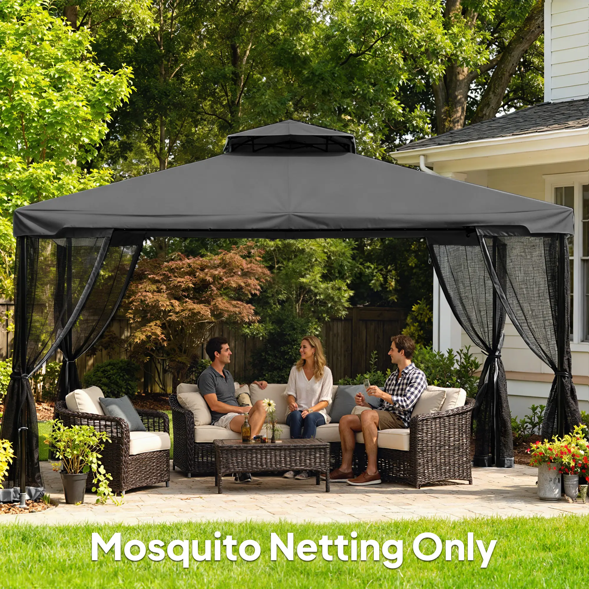 Gazebo Mosquito Netting, 12' x 12', Screen Walls With Zippers, Black - Image 9