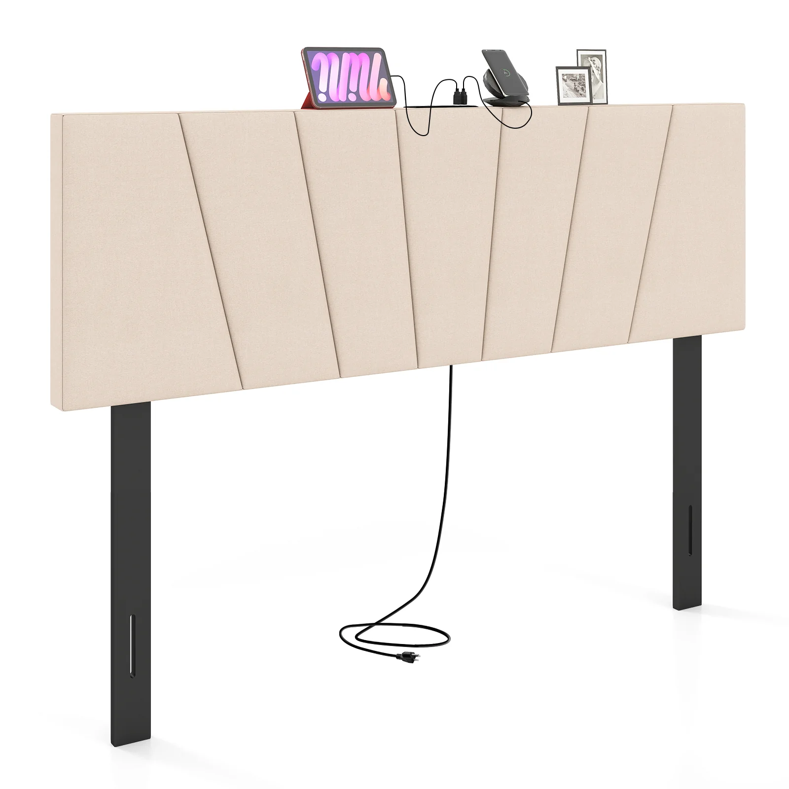 Geometric Upholstered Headboard, Queen Full Size, Beige - Image 5