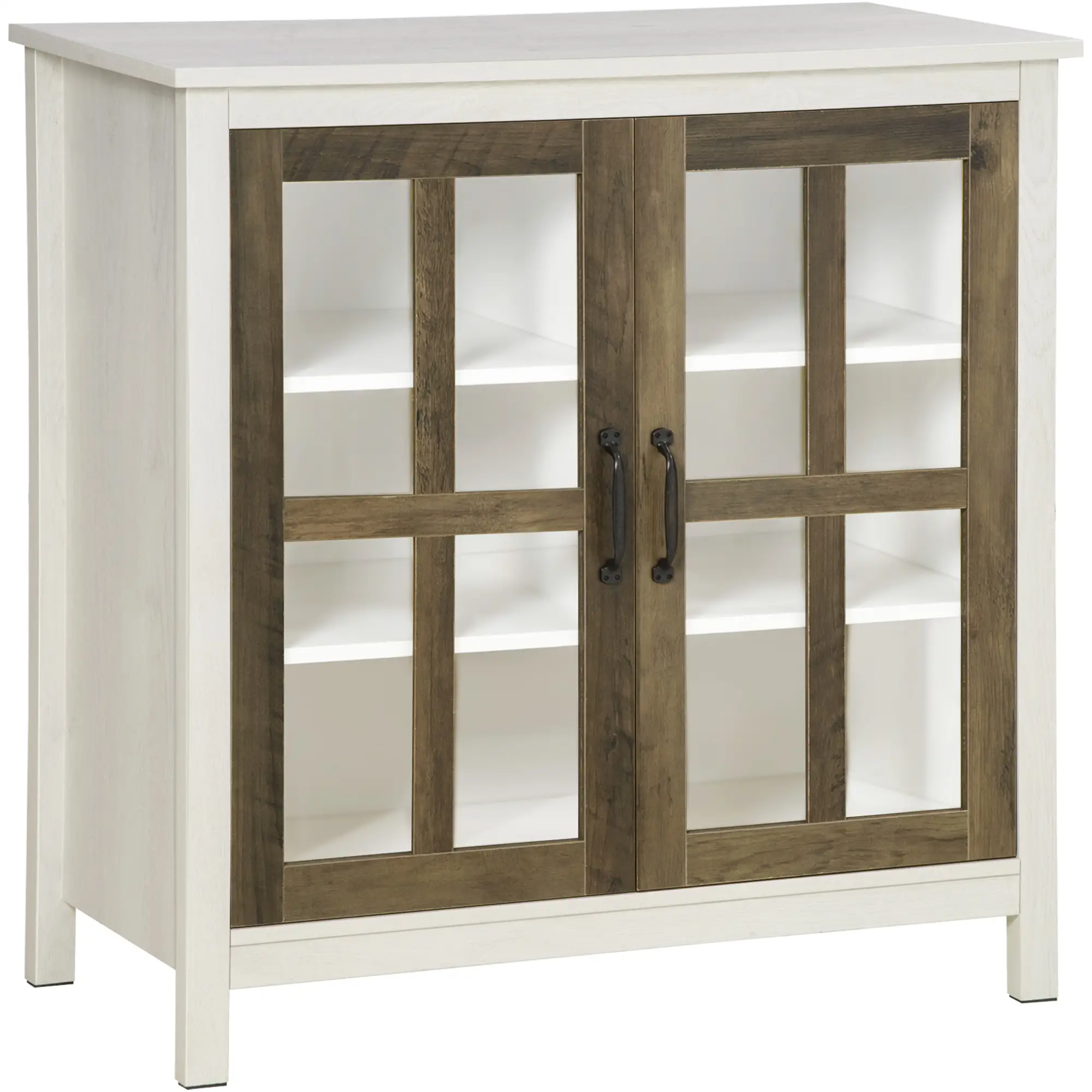 Glass Door Buffet Cabinet, 2 Doors, Adjustable Shelf, Distressed White, White
