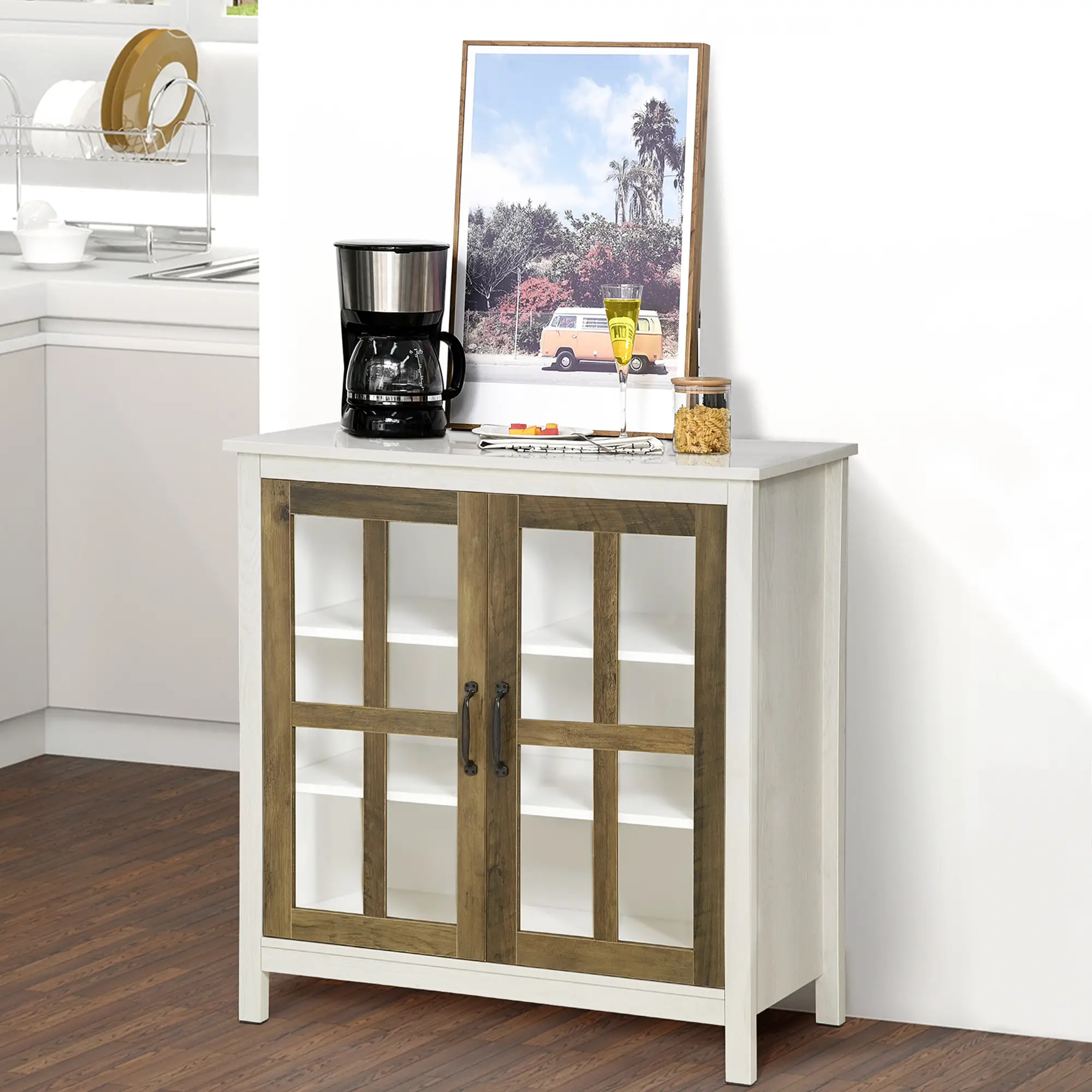 Glass Door Buffet Cabinet, 2 Doors, Adjustable Shelf, Distressed White, White - Image 14