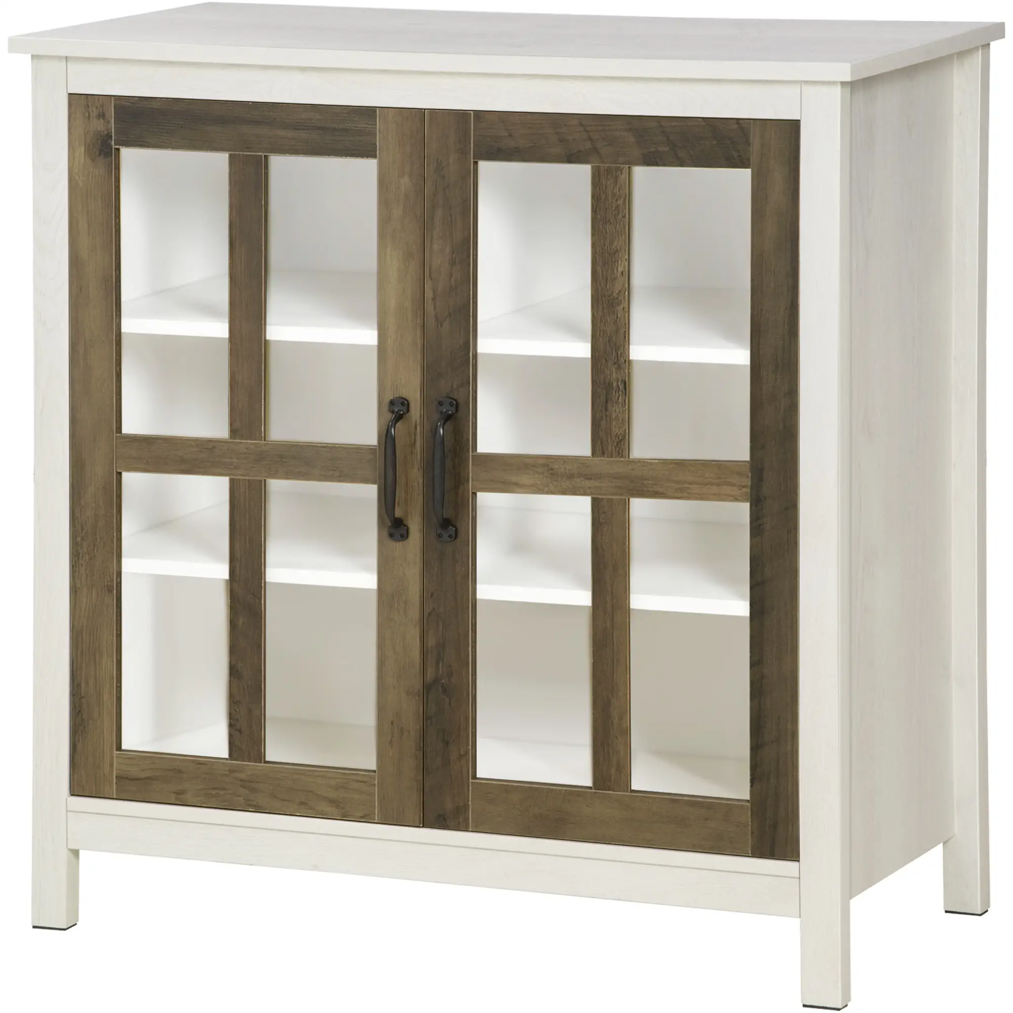 Glass Door Buffet Cabinet, 2 Doors, Adjustable Shelf, Distressed White, White - Image 15