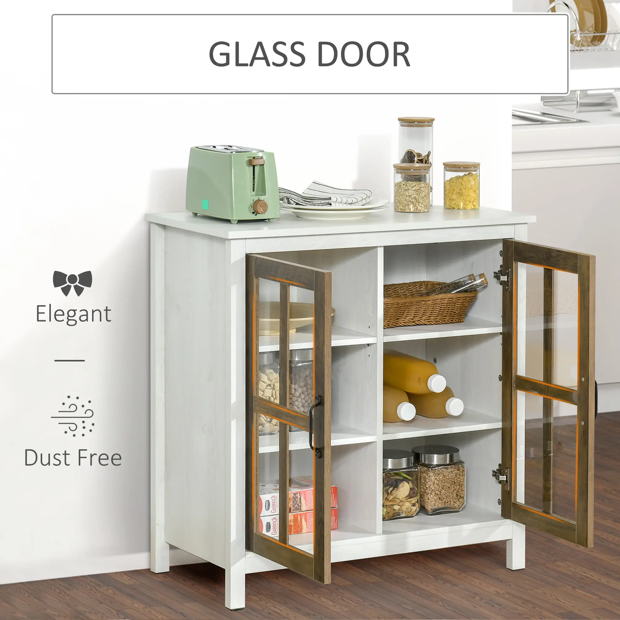 Glass Door Buffet Cabinet, 2 Doors, Adjustable Shelf, Distressed White, White - Image 5