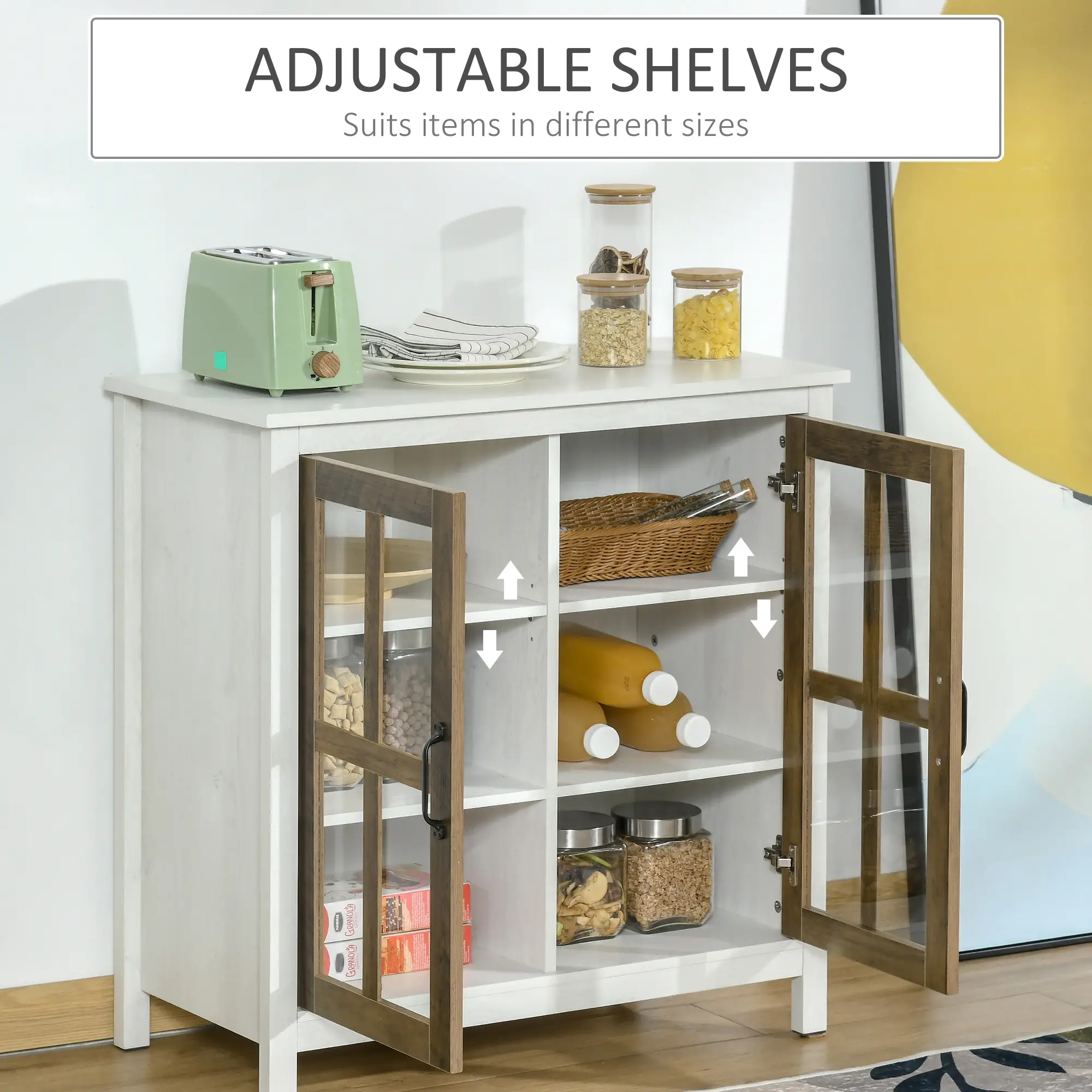 Glass Door Buffet Cabinet, 2 Doors, Adjustable Shelf, Distressed White, White - Image 6