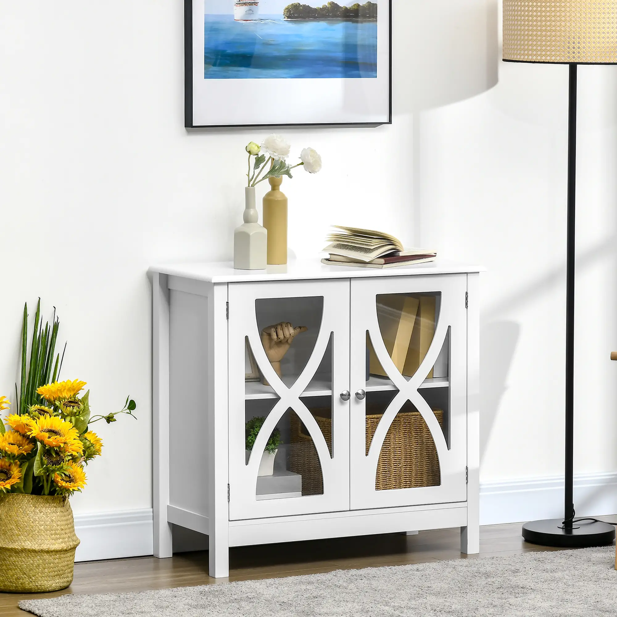 Glass Door Buffet Cabinet, Adjustable Shelf, 60cm, White - Image 2