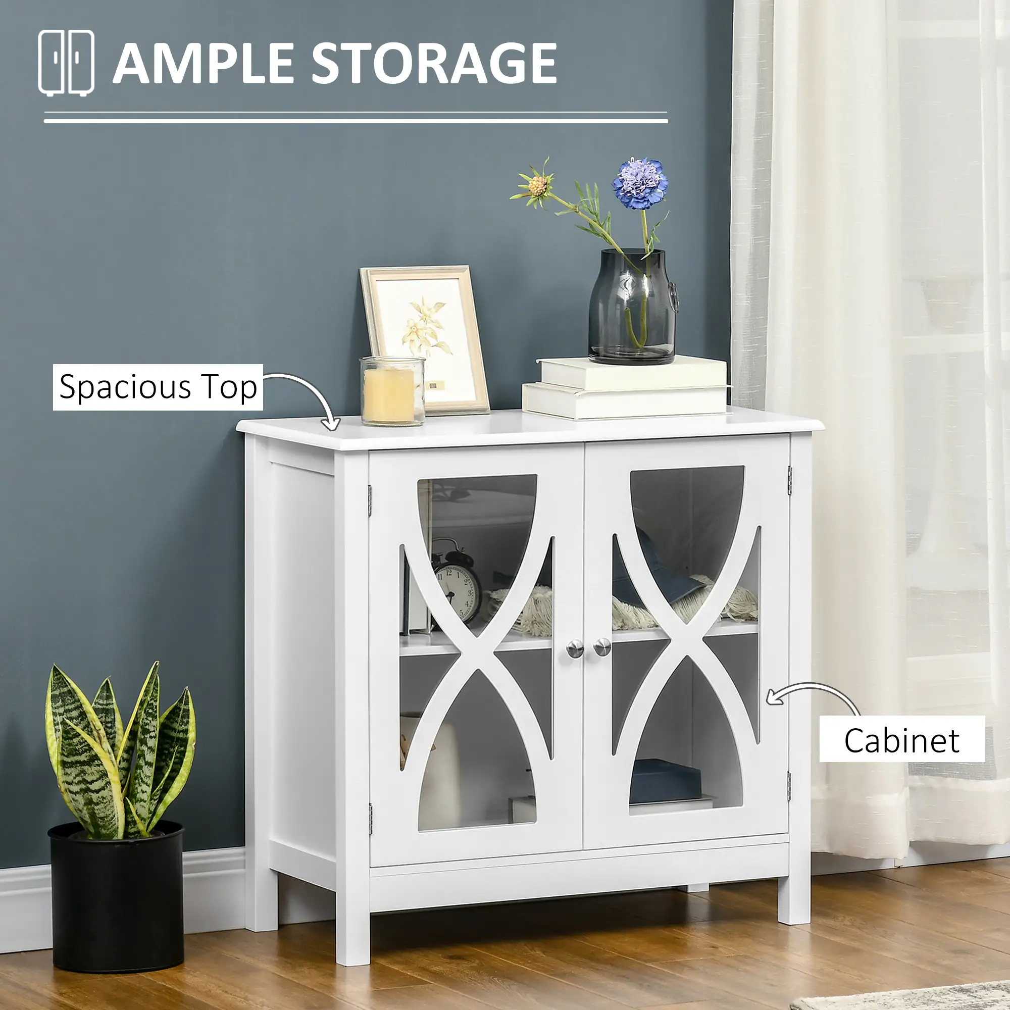 Glass Door Buffet Cabinet, Adjustable Shelf, 60cm, White - Image 4