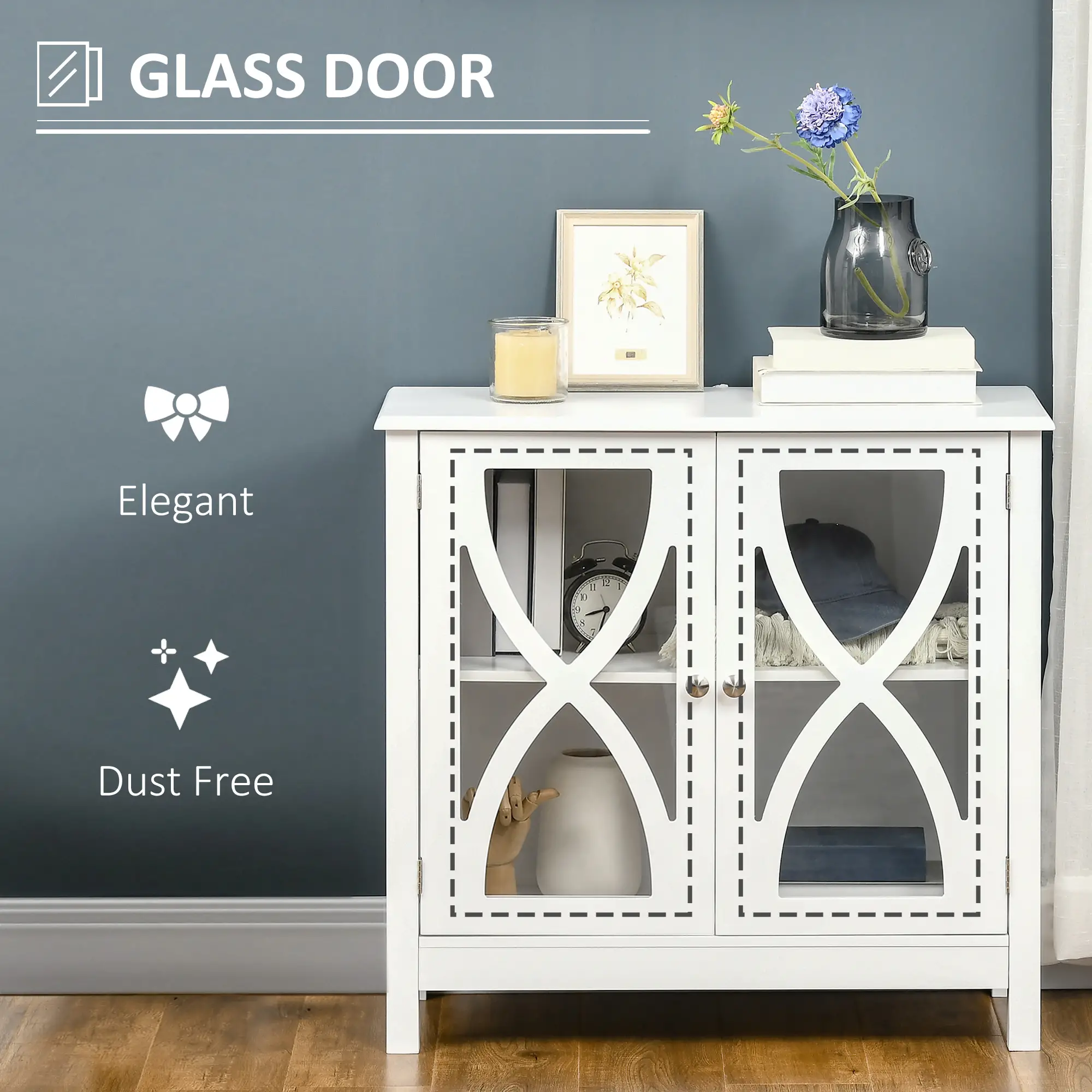 Glass Door Buffet Cabinet, Adjustable Shelf, 60cm, White - Image 5