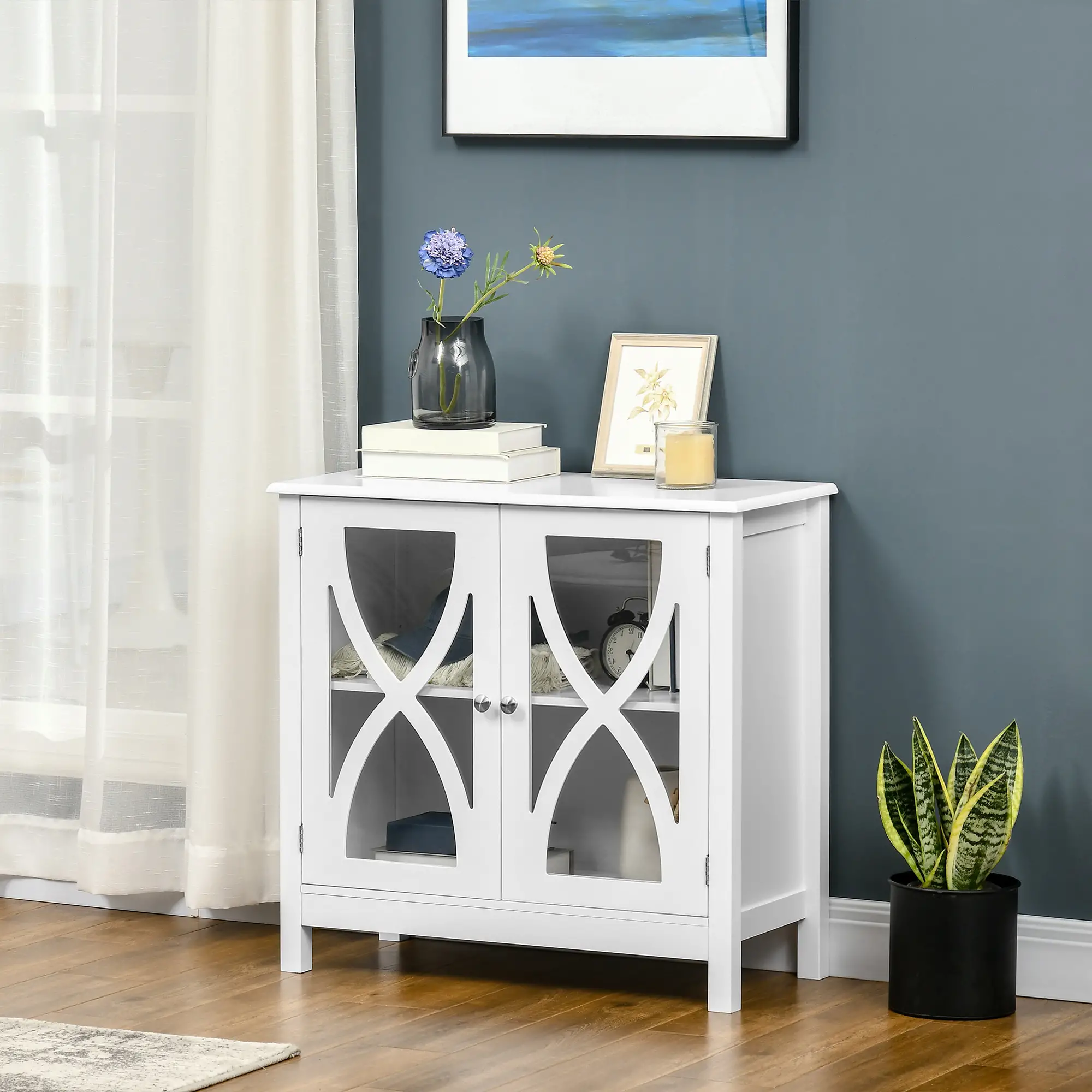 Glass Door Buffet Cabinet, Adjustable Shelf, 60cm, White - Image 8