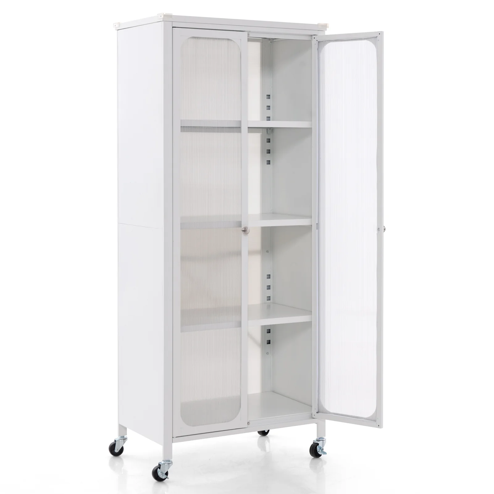 Glass Door Storage Cabinet With Wheels, Adjustable Shelves, White