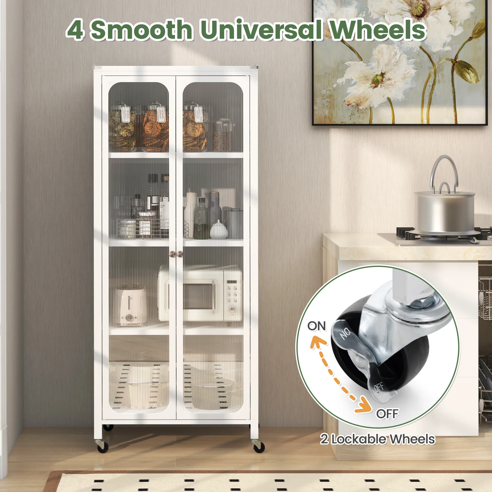 Glass Door Storage Cabinet With Wheels, Adjustable Shelves, White - Image 10