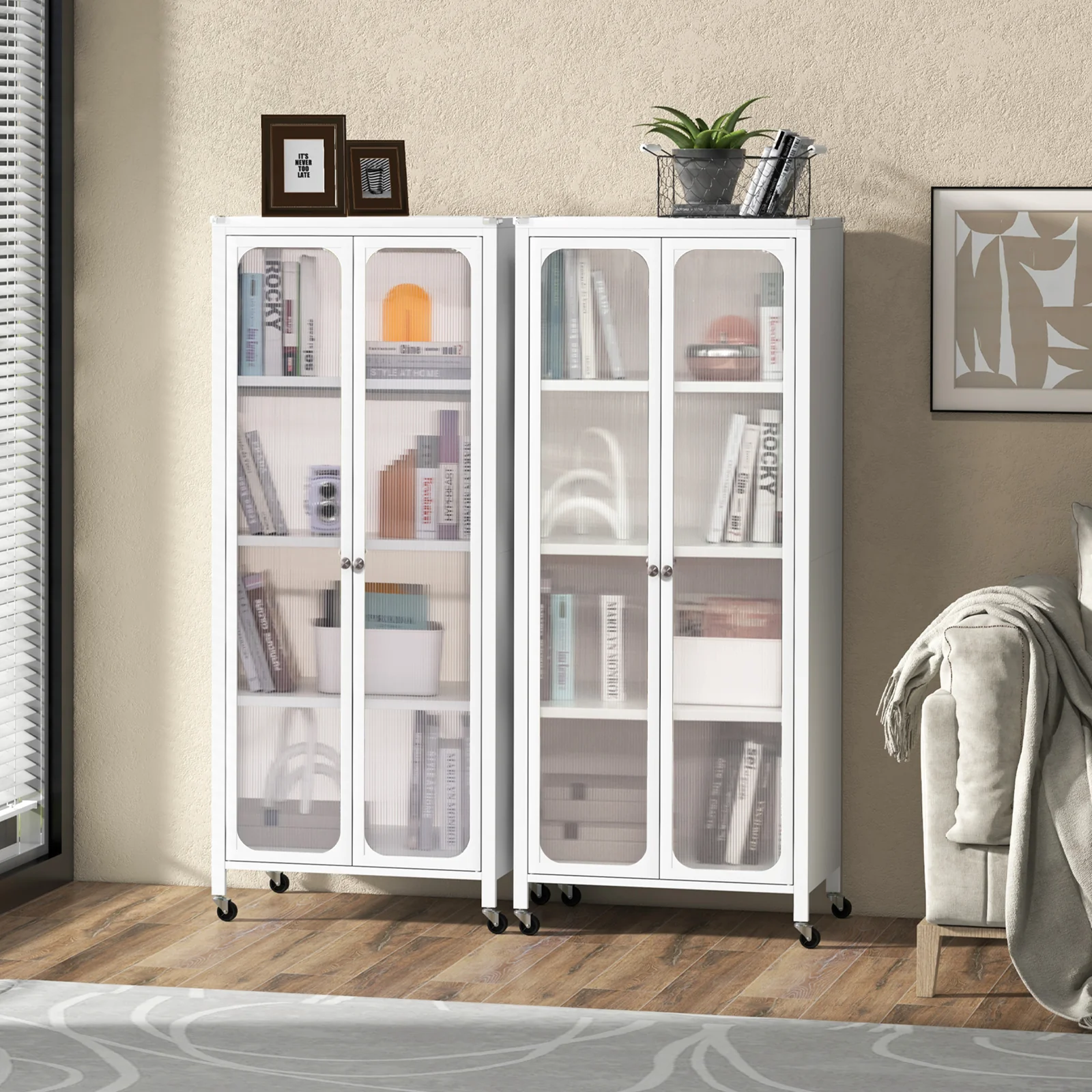 Glass Door Storage Cabinet With Wheels, Adjustable Shelves, White - Image 3
