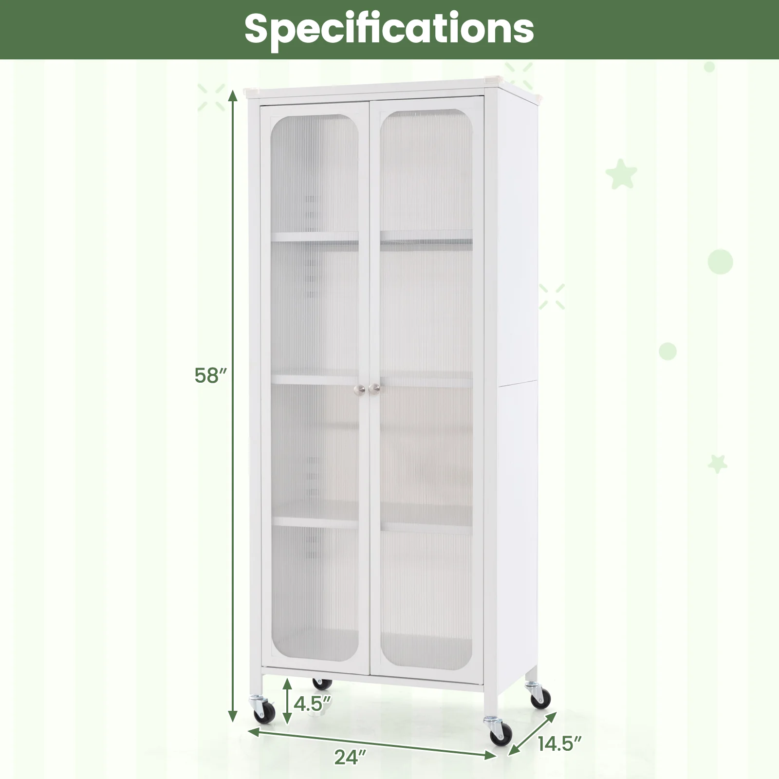 Glass Door Storage Cabinet With Wheels, Adjustable Shelves, White - Image 6