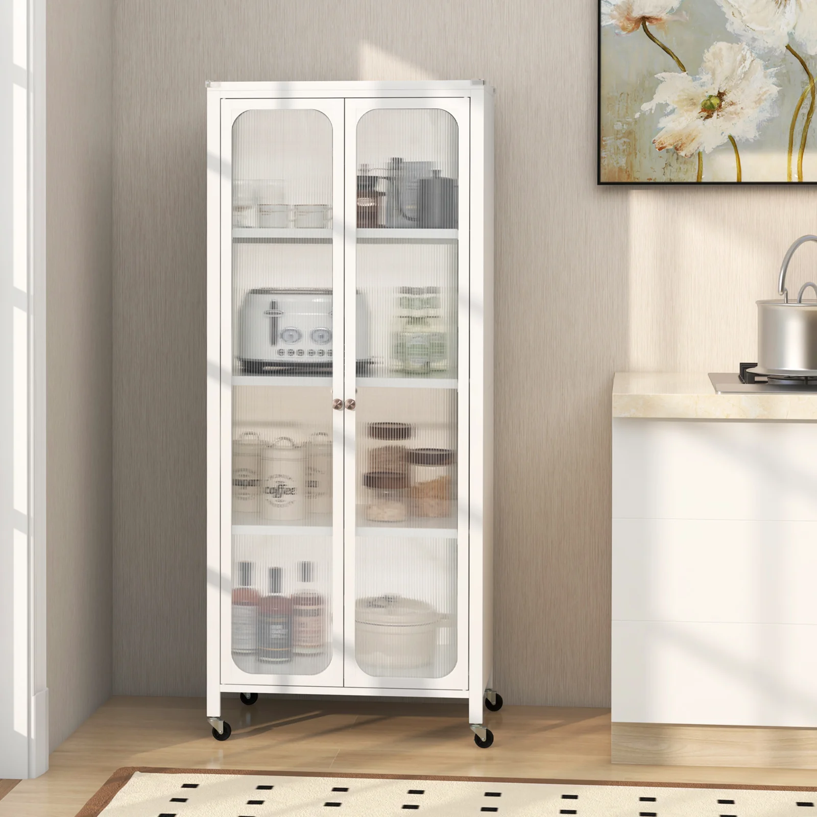 Glass Door Storage Cabinet With Wheels, Adjustable Shelves, White - Image 7