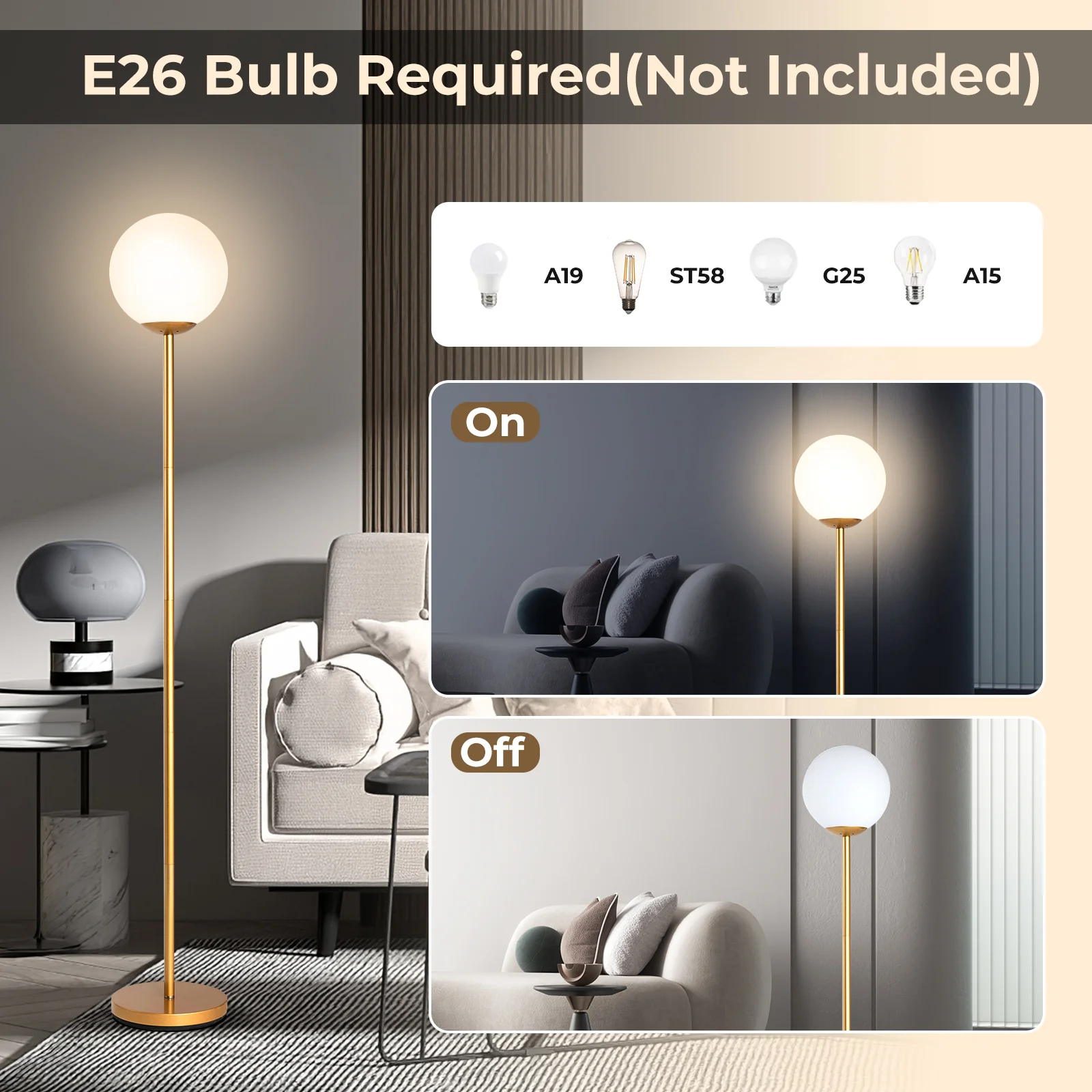 Glass Globe LED Floor Lamp, Golden - Image 5