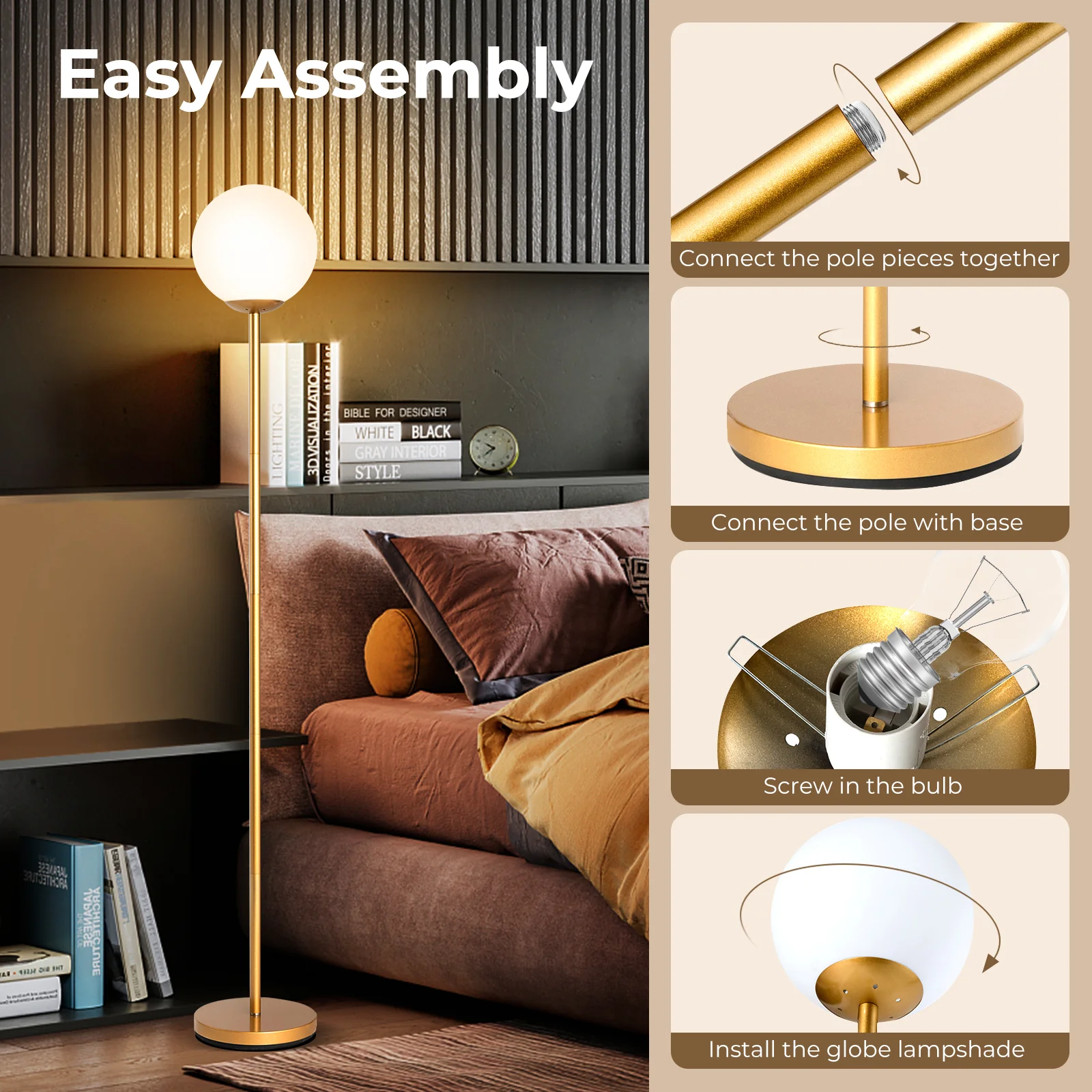 Glass Globe LED Floor Lamp, Golden - Image 6