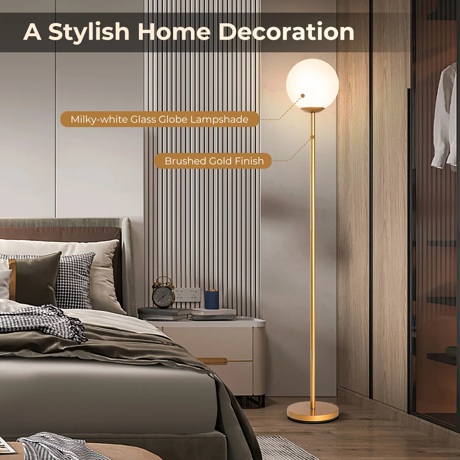 Glass Globe LED Floor Lamp, Golden - Image 7