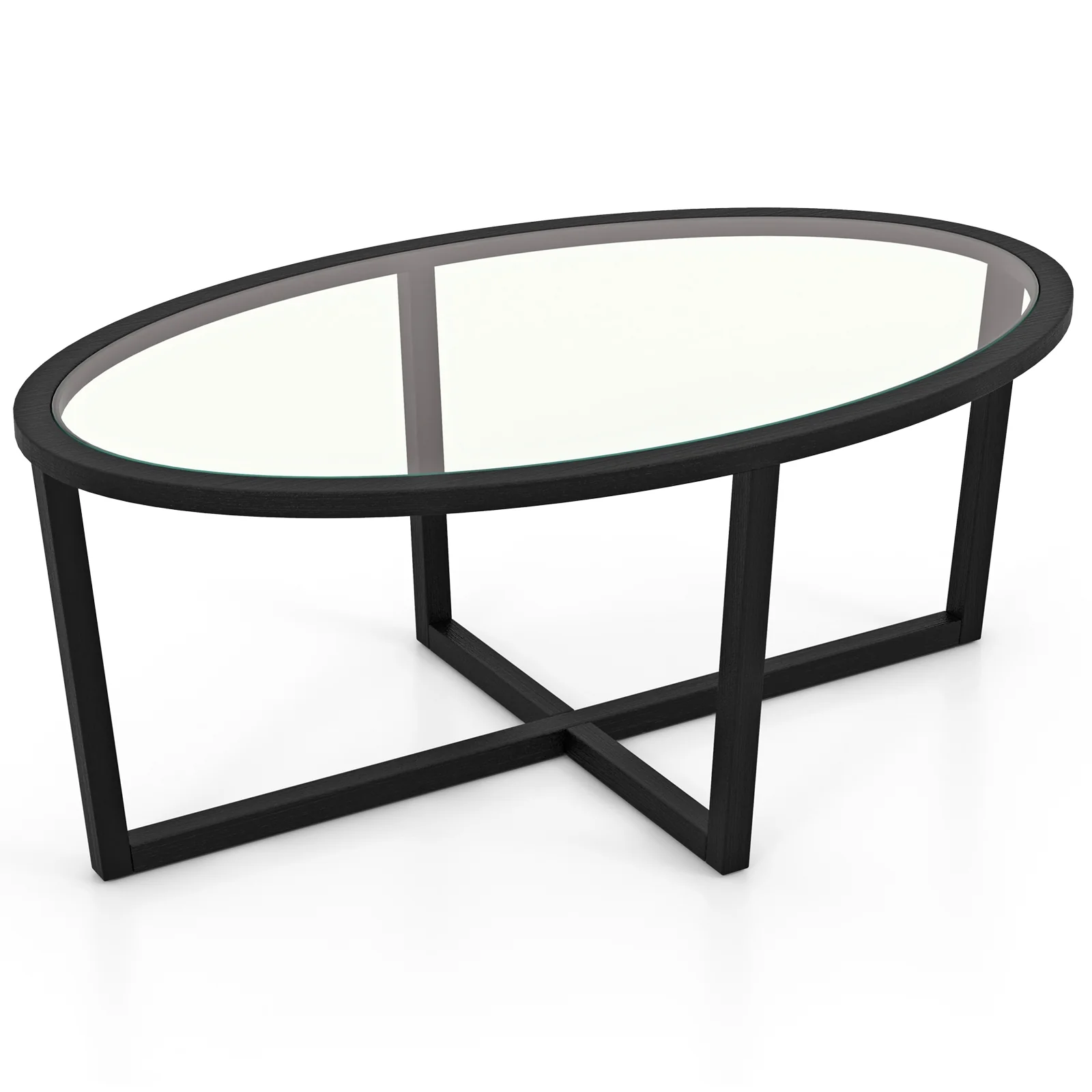 Glass Oval Coffee Table, Cross Base, Acacia Wood Legs, Black